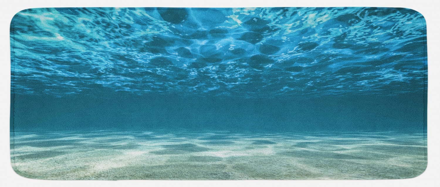 LunarableOcean Kitchen Mat, Gravelly Bottom Wavy Surface Tropical Seascape Abyss Underwater Sunny Day Image, Plush Decorative Kitchen Mat with Non Slip Backing, 47" X 19", Ivory Blue