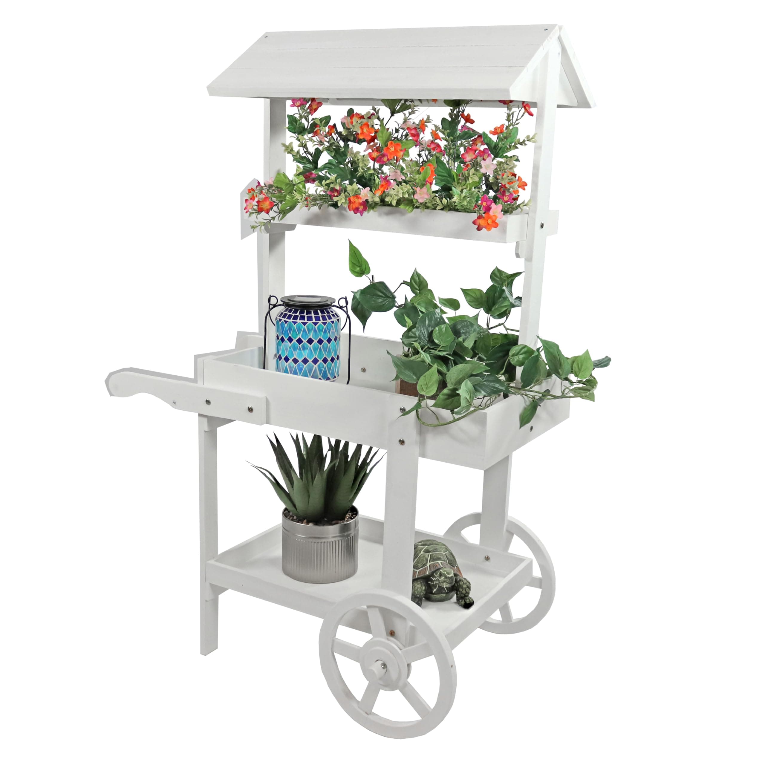 Sunnydaze Flower Cart Display Stand with Wheels - Dessert Candy Cart - Market Flower Display Stand - 2 Shelves - Fir Wood - White