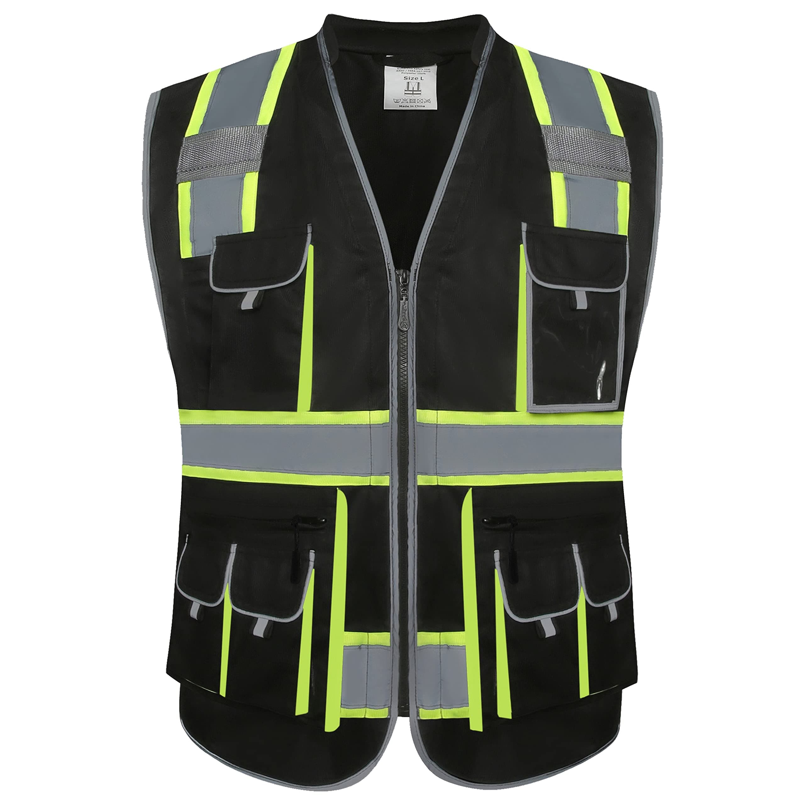 10 Pockets Hi-Vis Zipper Front Black Safety Vest | Cushioned Collar | High Reflective Tapes with Extended Neon Yellow Strips | Meets ANSI/ISEA Standards (Large, 89-Black)