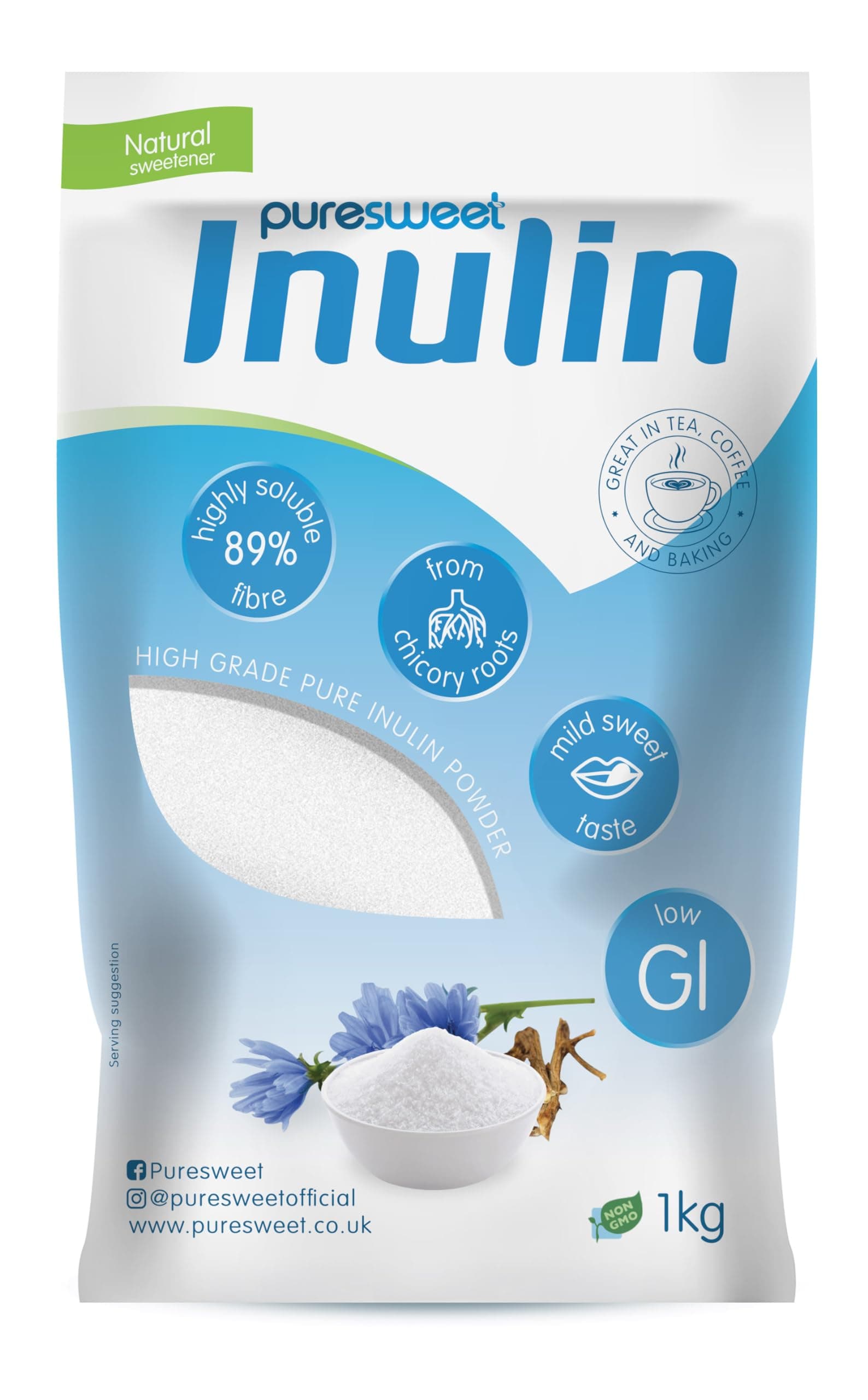 Puresweet® Premium Inulin Prebiotic Fibre Powder 1kg - Chicory Root, Non GMO, Highly Soluble, Made in The EU, Fructo Oligosaccharide (FOS), Gluten Free, Vegan.