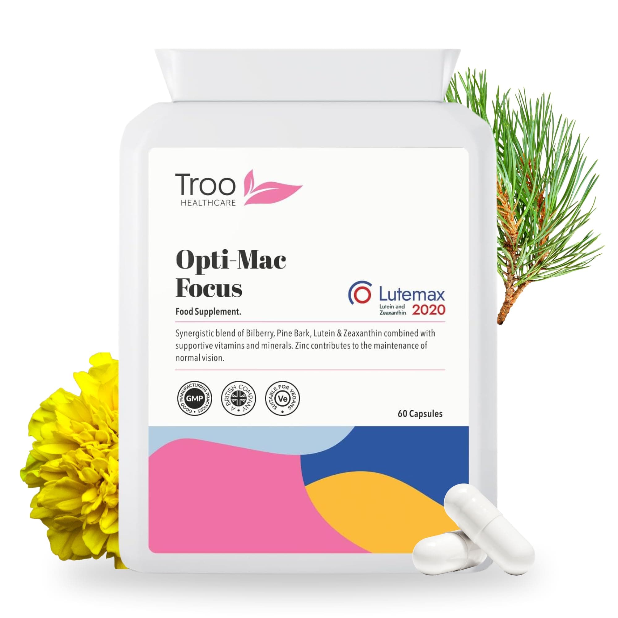 Troo Health Care Opti-Mac Focus Eye Support Supplement - 60 Capsules | with Zeaxanthin, Lutein, Bilberry & Pine Bark | UK Manufactured to GMP Standards