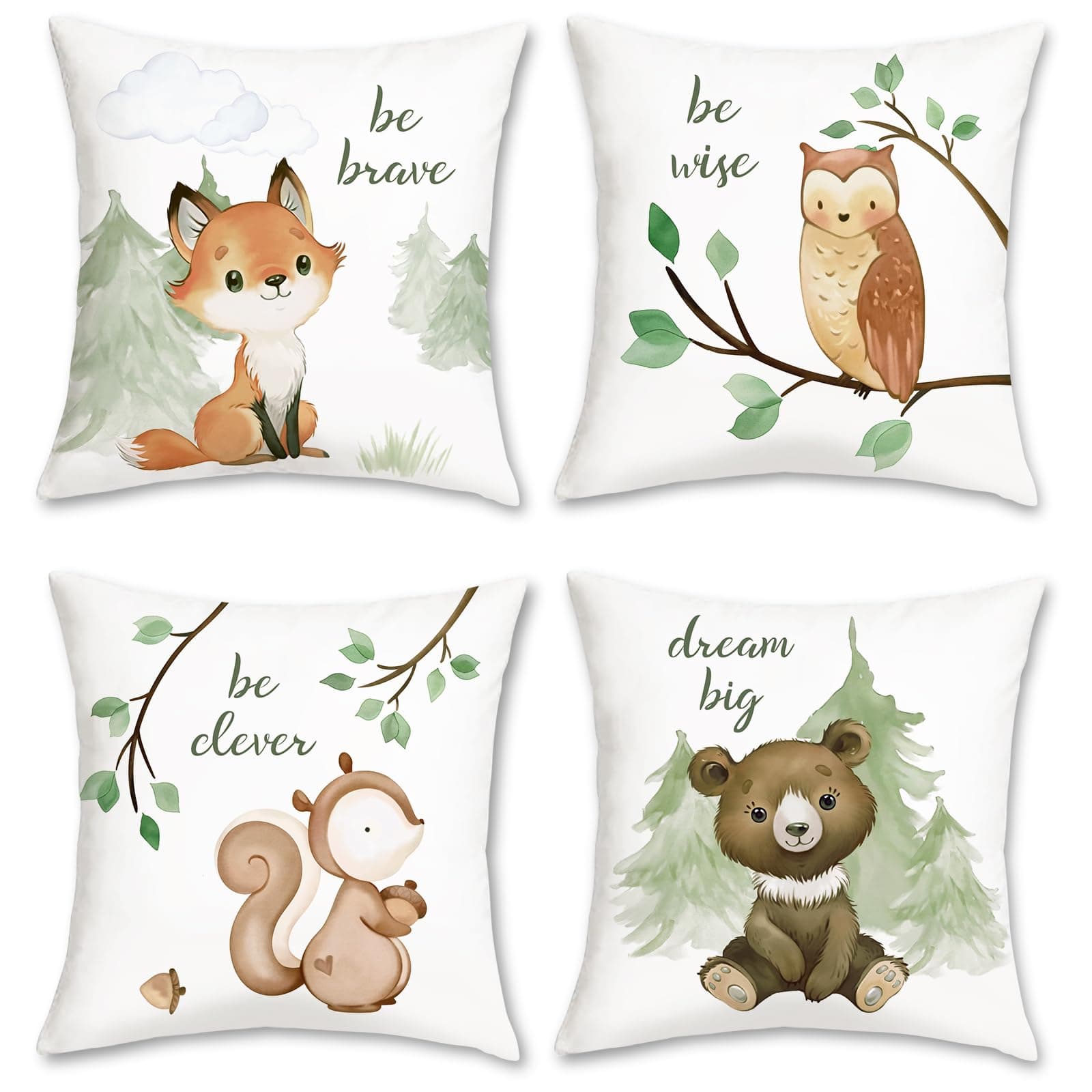 Bonhause Forest Animals Throw Pillow Covers 18 x 18 Inch Fox Bear Squirrel Owl Kids Pillows Case for Sofa School Home Decor Set of 4