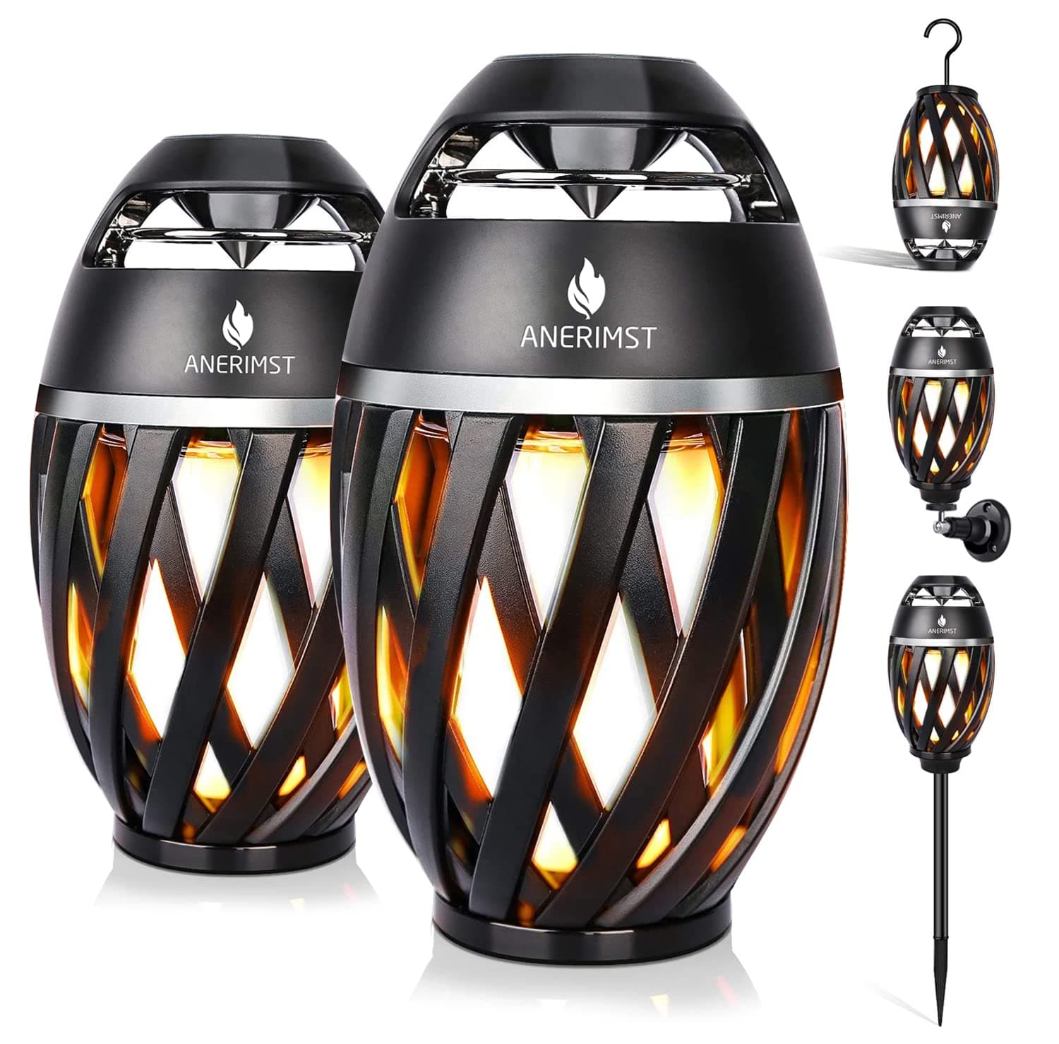 ANERIMST Outdoor Bluetooth Speakers, Waterproof Wireless Speakers with Torch Flame Light, Cool Gadgets for Men Women, LED Lantern for Gardening Camping Patio Hot Tub, 2 Pack (Black)