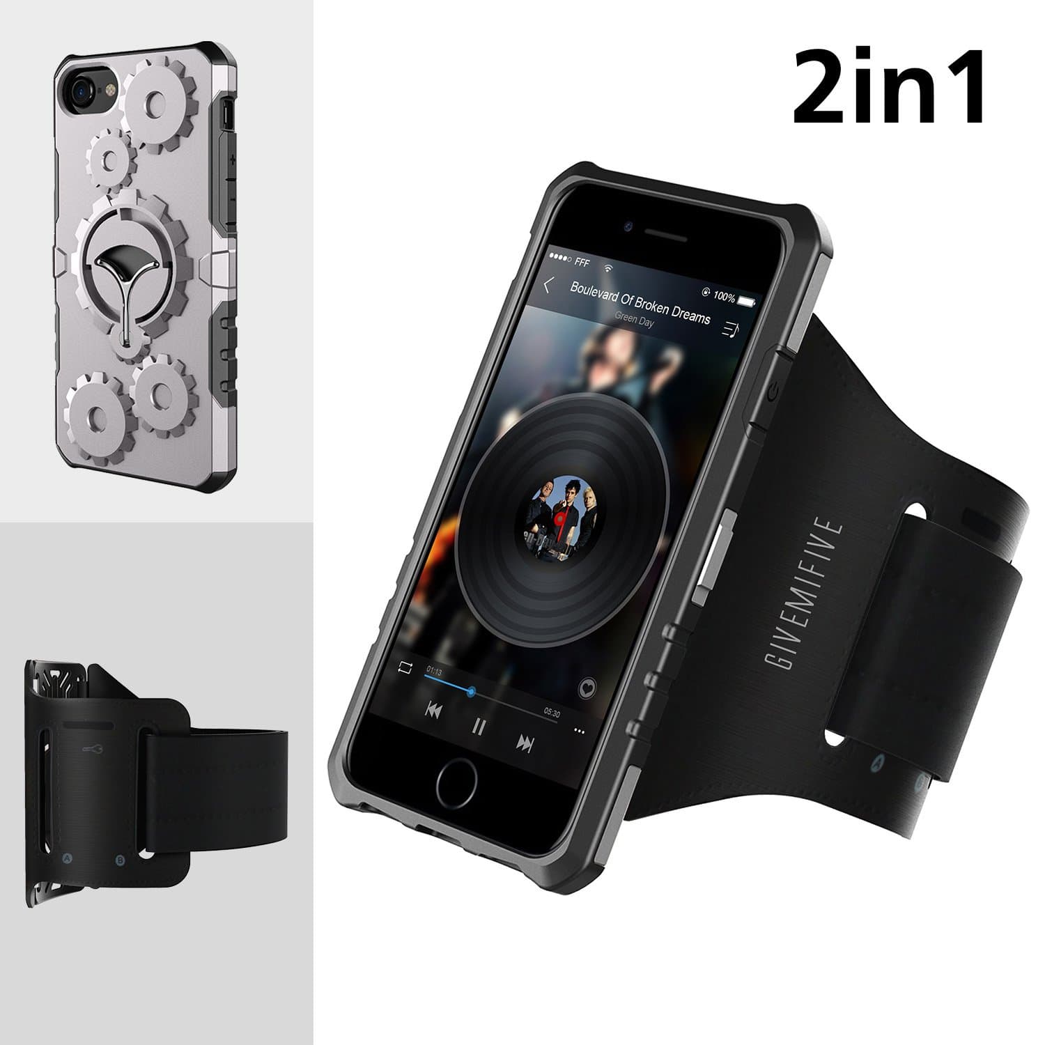 Sport Armband Multifunctional Protection Mobile Phone Case GIVEMIFIVE Easy Plug-in Armband Armor Wheel Gear Case Kickstand for Exercise Running Jogging Arm Girth with Elastic and Breathable Strap with Key Layer for iPhone 6/6S/7(Grey)