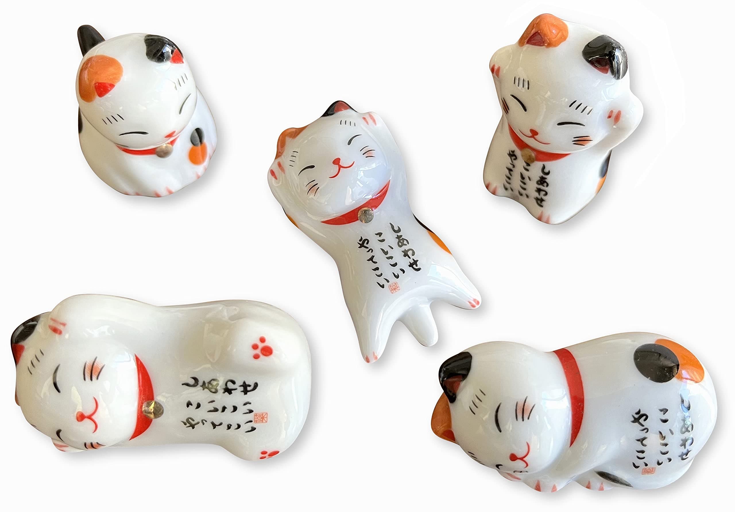 Ceramic Cute Lucky Cat Chopsticks Rest Dinner Spoon Stand Knife Fork Holder (Set of 5pcs)