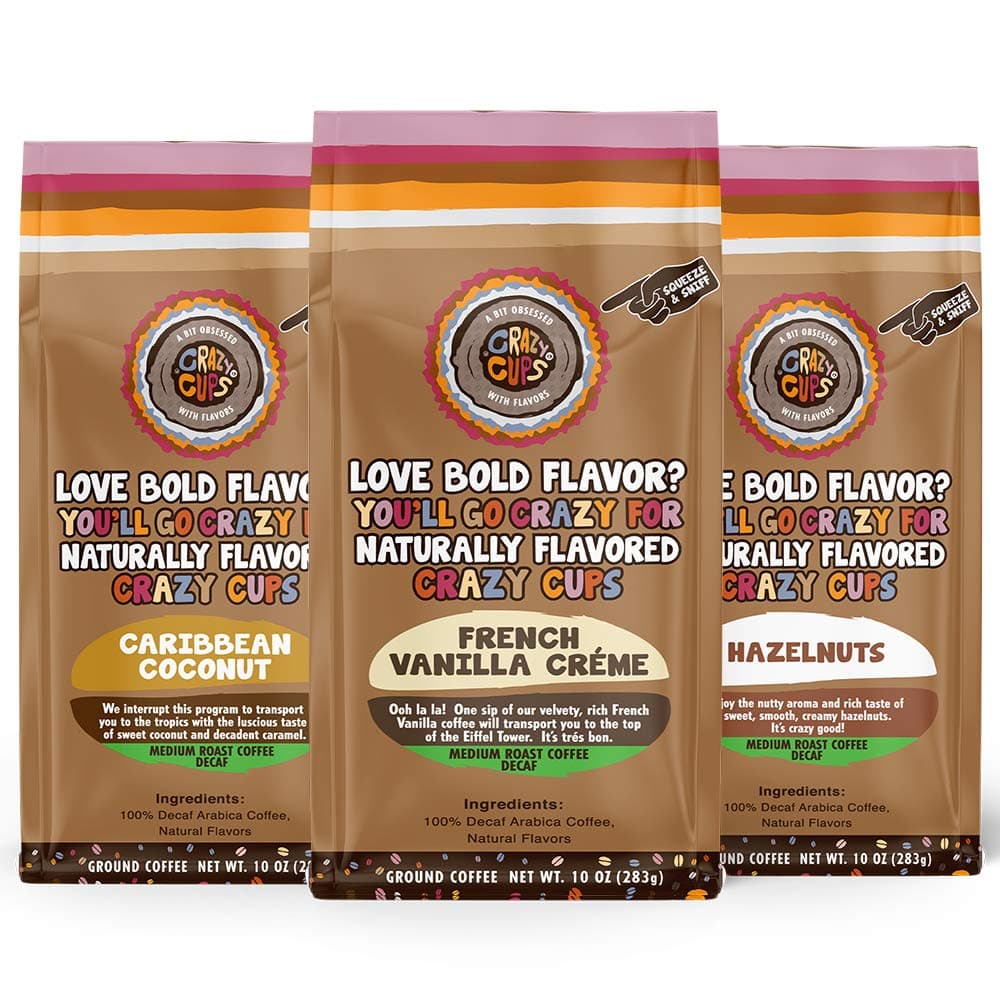 Crazy Cups Decaf Flavored Ground Coffee Variety Pack, Includes French Vanilla Crème, Caribbean Coconut,and Hazelnuts, in 10 oz Bags, For Brewing Flavored Hot or Iced Decaf Coffee, Variety 3 Pack