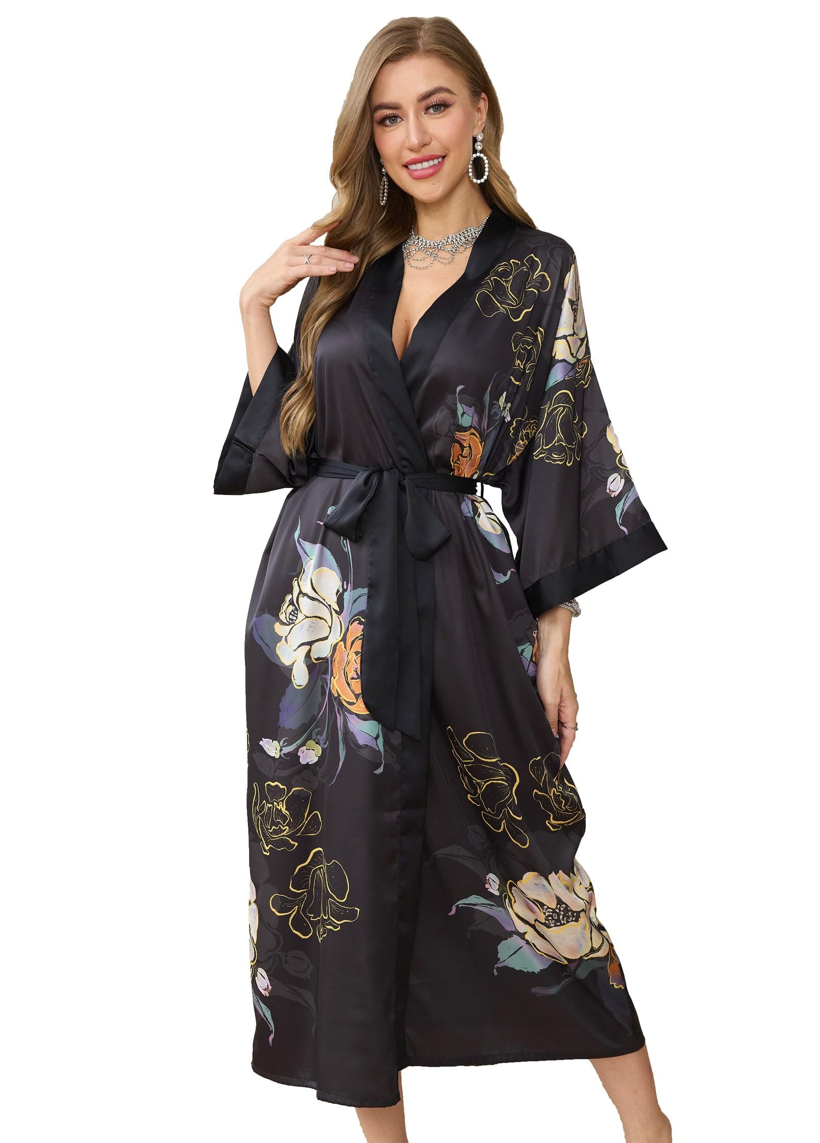 Women's Floral Long Kimono Robe Long Satin Robe Long Silk Robe Ladies Kimonos Silky Bathrobe Cover Up, One Size