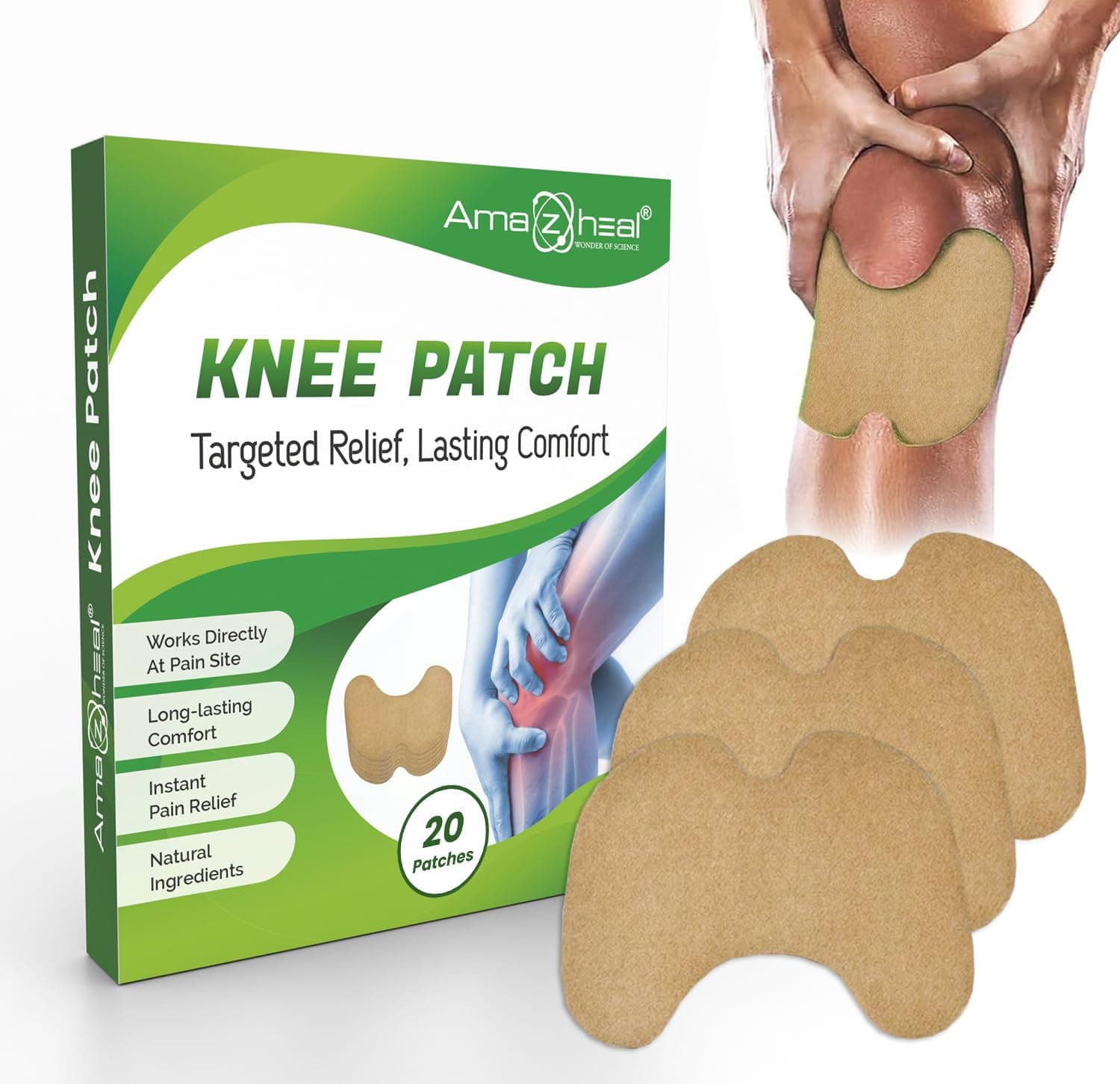 AMAZHEAL Herbal Knee Pain Relief Patches | Instant Relief for Knee, Joint & Muscle Pain | Natural Wormwood Extract & Eucalyptus (20 Patches) (Pack Of 1)