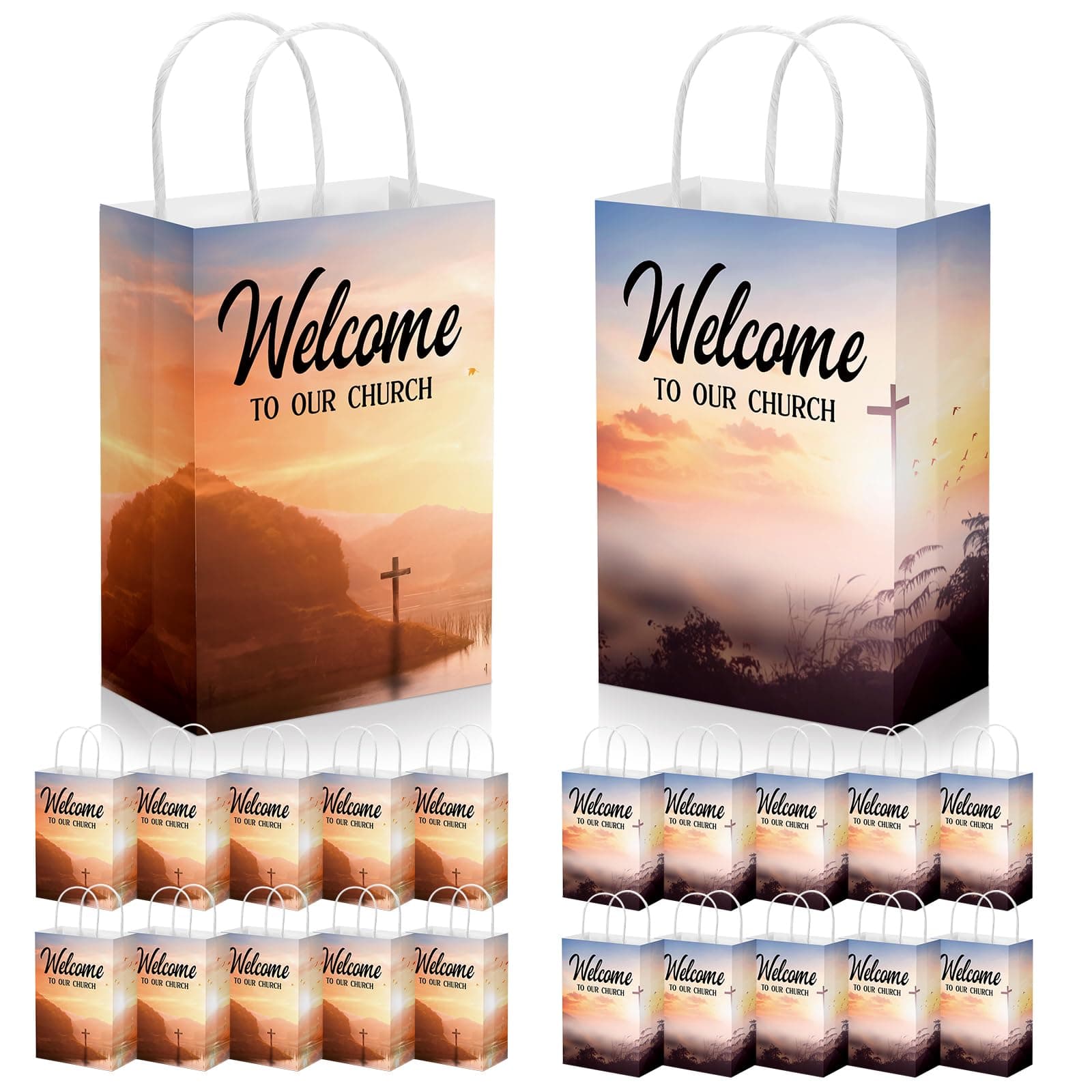 Chuangdi 50 Pcs Church Welcome Bags Bulk 5.91 x 3.15 x 8.27 Inches Christian Cross Paper Bags Religious Gift Welcome to Our Church with Handles for Birthday Baptism Guest Party Favor Supplies