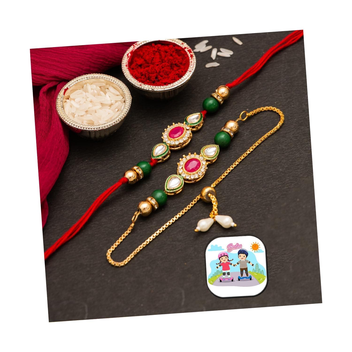 CraftVatika Rakhi Set for Brother and Bhabhi, Lumba Floral Pearl Kundan Couple Bracelet Rakhis Set of 2 with Fridge Magnet for Bhaiya & Bhabhi, Raksha Bandhan Gift
