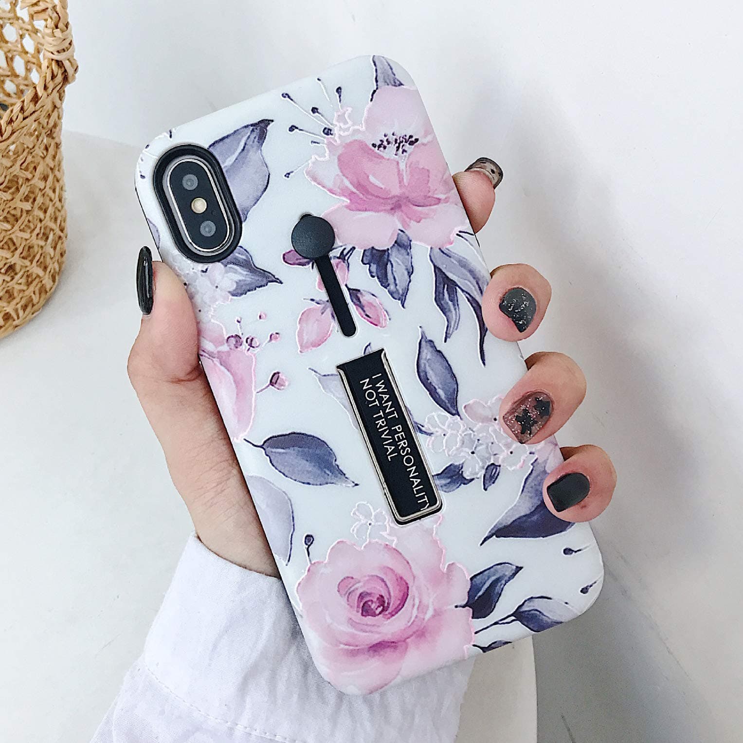 MADINCN iPhone X/XS Case Finger Grip,3D Embossed Pink Flowers White Shell Design,Rugged Shockproof Slim Fit Dual Layer Finger Ring Loop Strap Case,Invisible Bracket Phone case for iPhone X/XS (White)