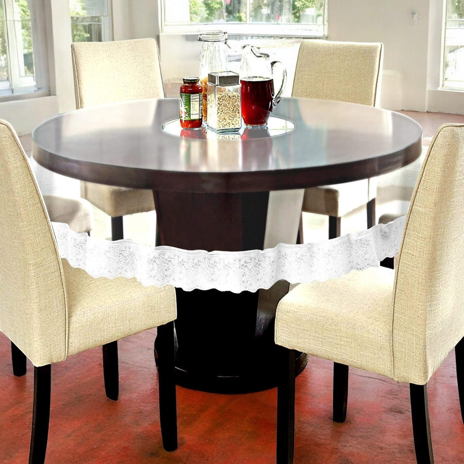 - CASA-NEST PVC Waterproof 6 Seater Round Table Cover with White lace Plain 72inch White
