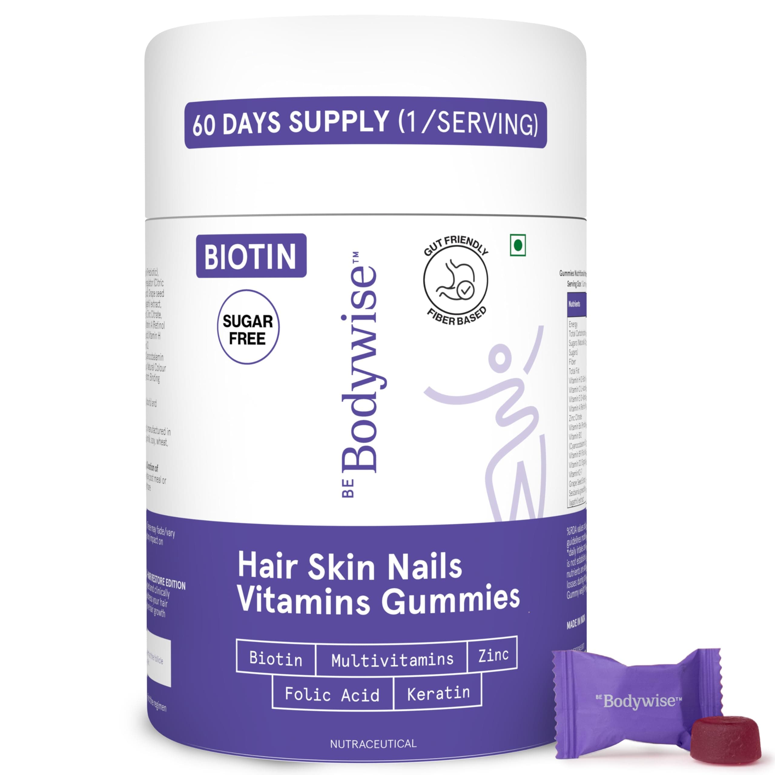 Biotin Hair Gummies I Sugar Free I 60 Day Pack I Healthy Hair,Skin,Nails I '6-in-1' Biotin, Zinc, Folic Acid, Vitamin C, Keratin & Multivitamin I Gut FriendlyI Strawberry FlavorI100% Vegan