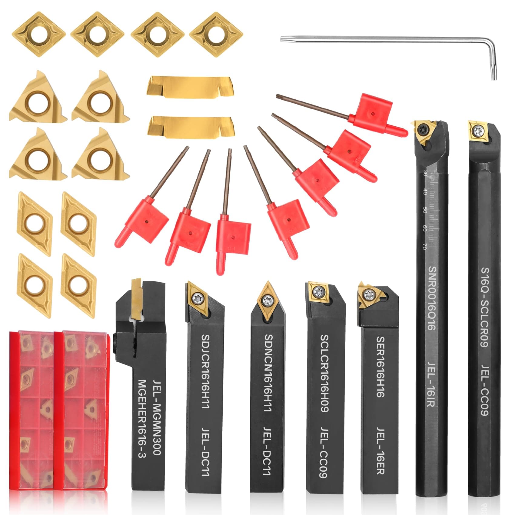 Indexable Lathe Turning Tool 21Pcs Kit 5/8'' 16mm Shank 7 Pcs Metal Lathe Tool Holder Set for Turning Grooving Threading Boring with 14 Pcs Carbide Inserts Turning Inserts Carbide Turning Tool