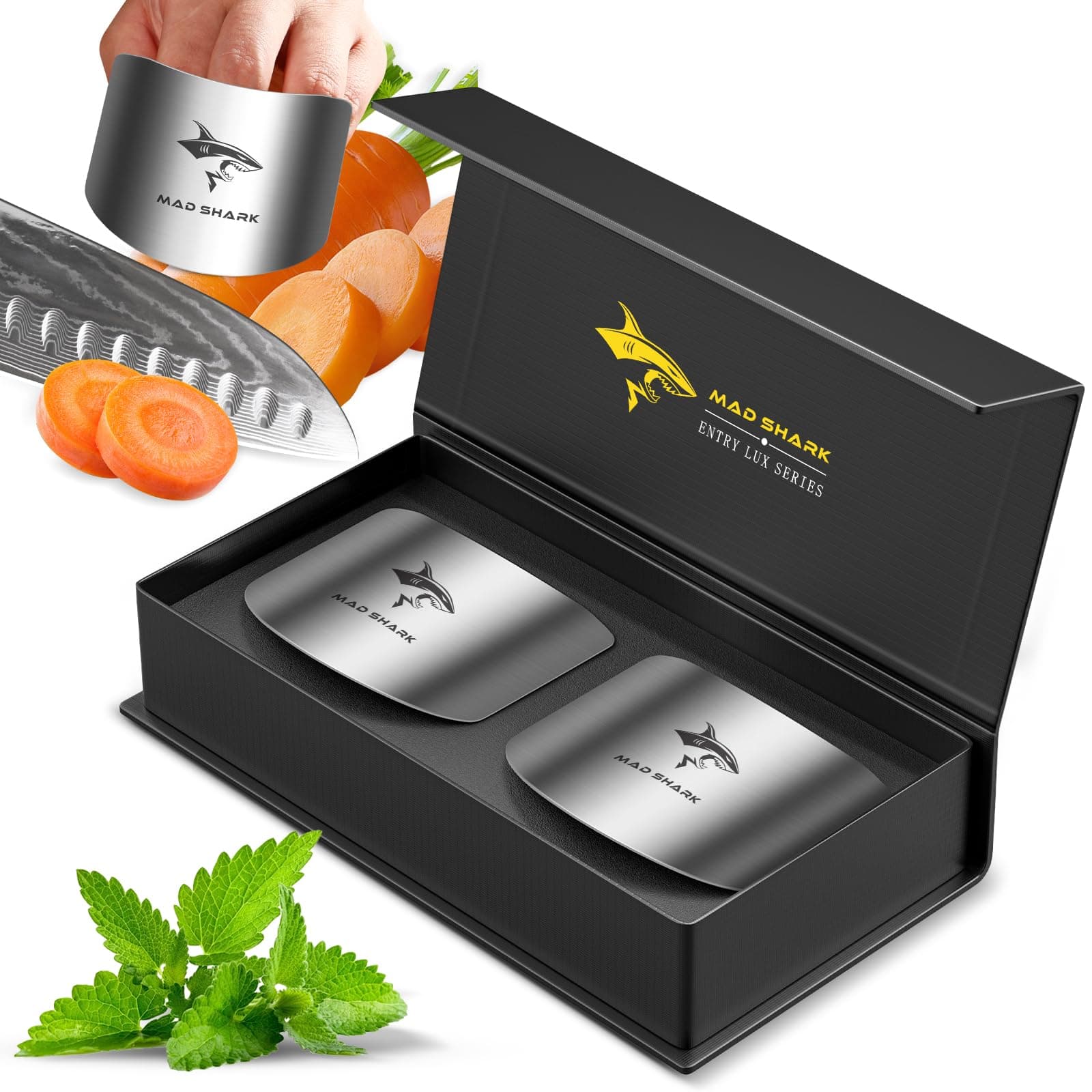 MAD SHARK Chef Finger Guards for Cutting with Gift Box, 2pcs Premium 304 Stainless Steel Finger Protectors for Cutting, Slicing and Chopping Vegetables, Fruits and Meat, Avoid Hurting Kitchen Tools