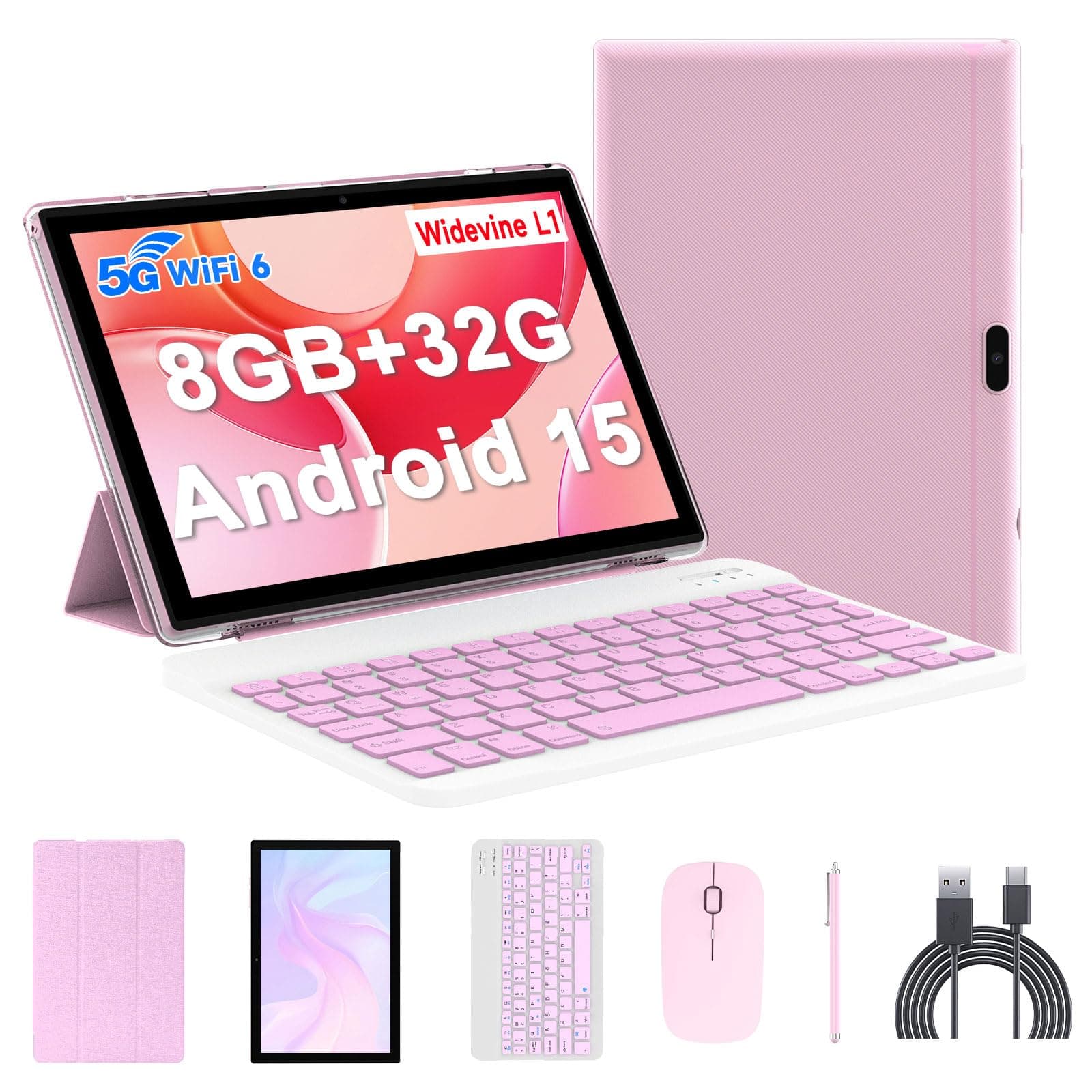 Android 15 Tablet, 10 Inch 8GB RAM+32GB ROM+1TB Expand, 1.8Ghz Quad-core Processor, 2 in 1 Tablets with Keyboard/ Mouse/ Case/ Stylus, 8MP Camera, 6000mAh Battery, 1280*800 HD Screen, 5G WiFi 6 Tablet