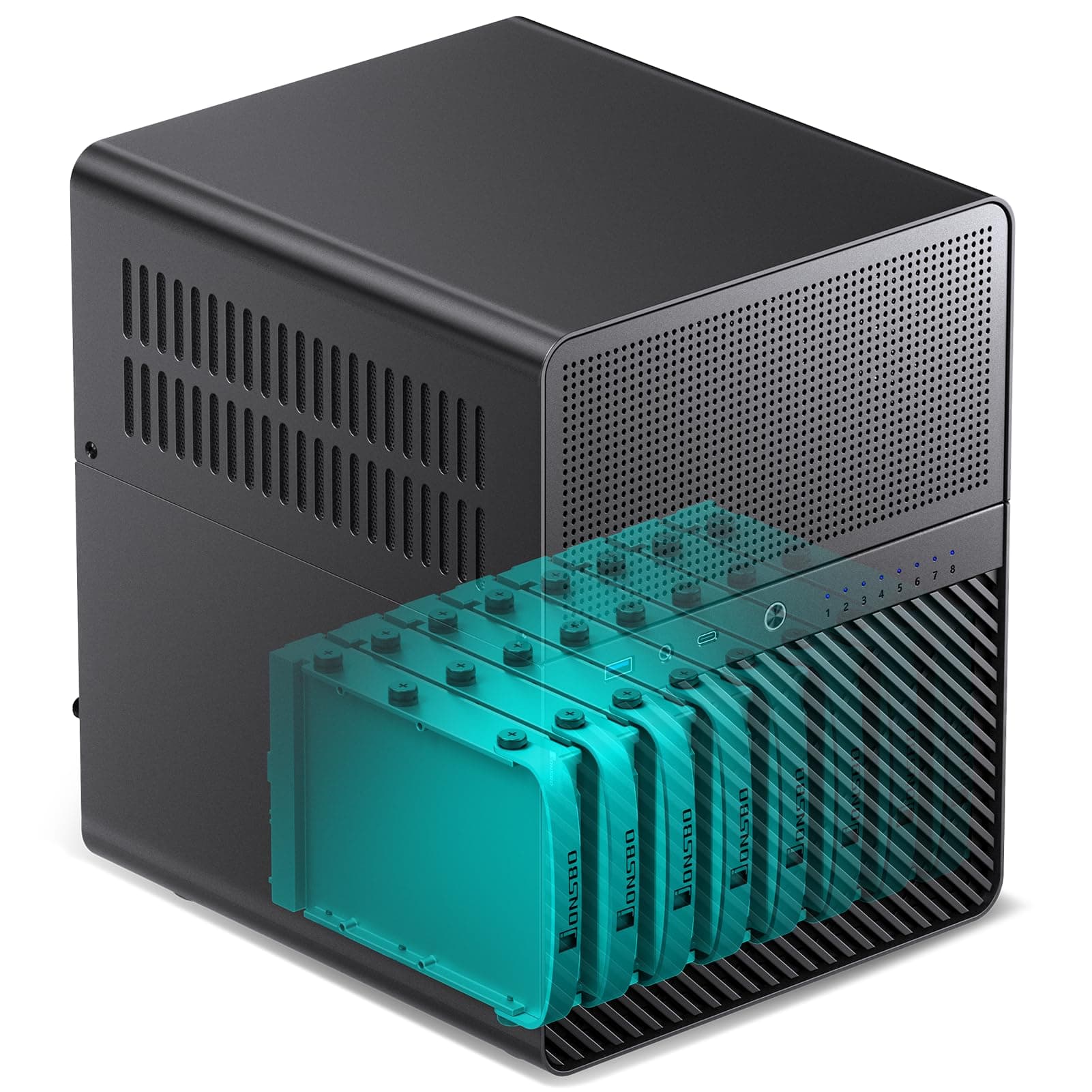 Jonsbo N3 NAS Enclosure Black - Compact Mini-ITX Aluminium Case for 8X 3.5" HDDs, Hot-Swappable, 2x 80mm Fans, SFX Power Supply, USB-C