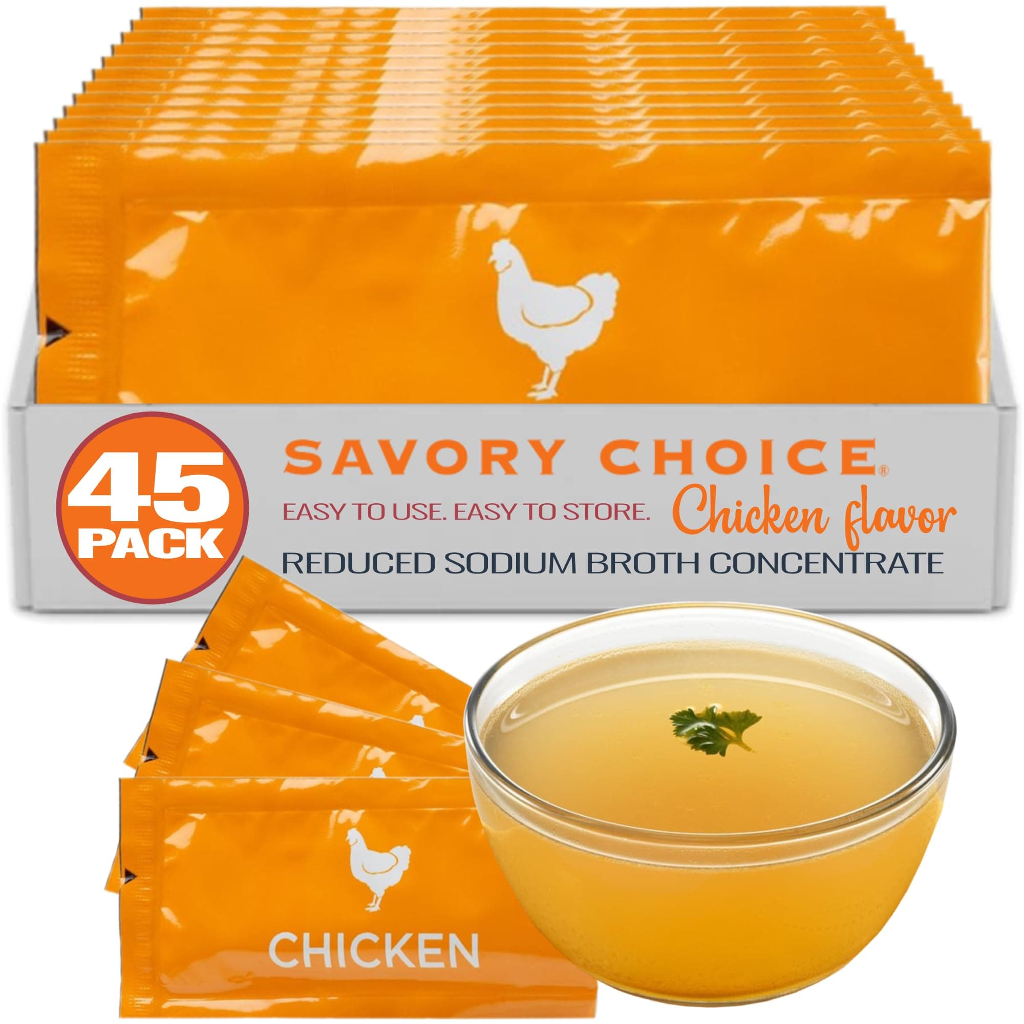 SAVORY CHOICE Reduced Sodium Chicken Broth Concentrate, 45 Packets (9.6g) - Gluten-Free, Diary-Free Broth Concentrate