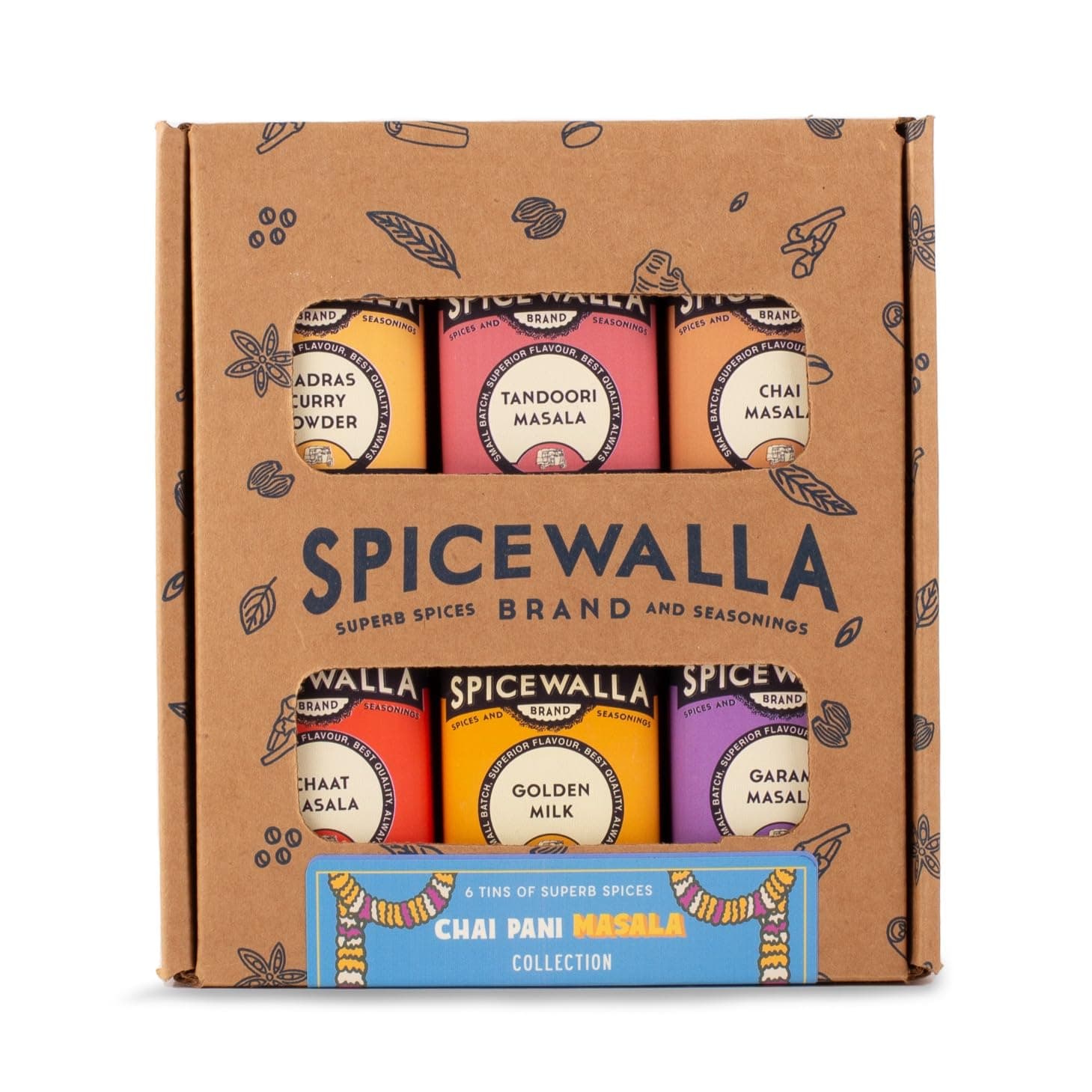 Spicewalla Masala Indian Spice 6 Pack | Chai Masala, Tandoori Masala, Garam Masala, Chaat Masala, Chai Masala, Madras Curry Powder | Non-GMO, Indian Spices Gift Set