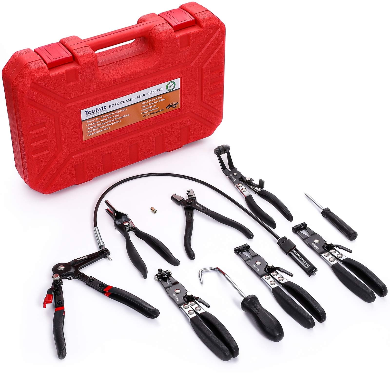 Toolwiz 9 Pcs Hose Clamp Pliers for Car Fuel Oil Water Hose Clamp Tool Long Reach Wire Sprayer with Tool Box for Car Coolant Radiator Heater (Upgraded Version)
