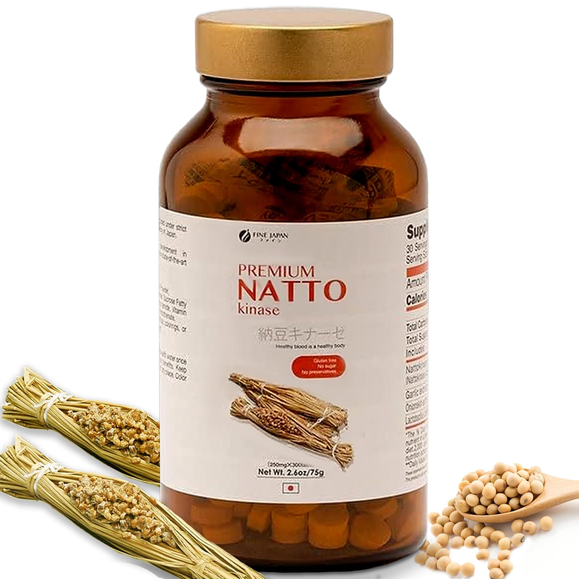 FINE JAPAN Premium Natto Kinase Tablets - 250mg Fermented Soy Enzyme for Circulation & Heart Support - 300 Tablets, Gluten-Free