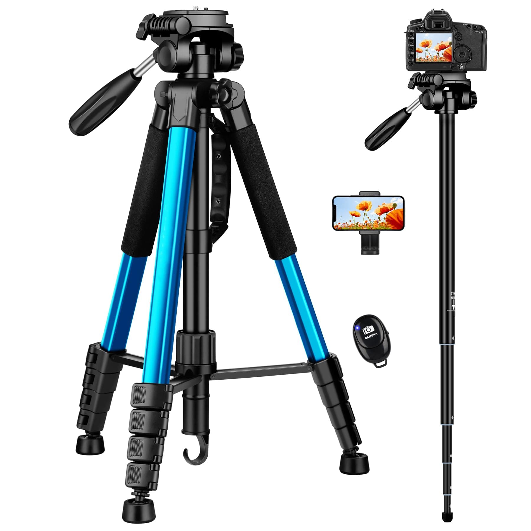 Victiv 72-inch Camera Tripod Aluminum T72 Max Height 72" - Lightweight Tripod & Monopod Compact for Travel with 3-way Swivel Head and 2 Quick Release Plates for Canon Nikon DSLR Video Shooting - Blue