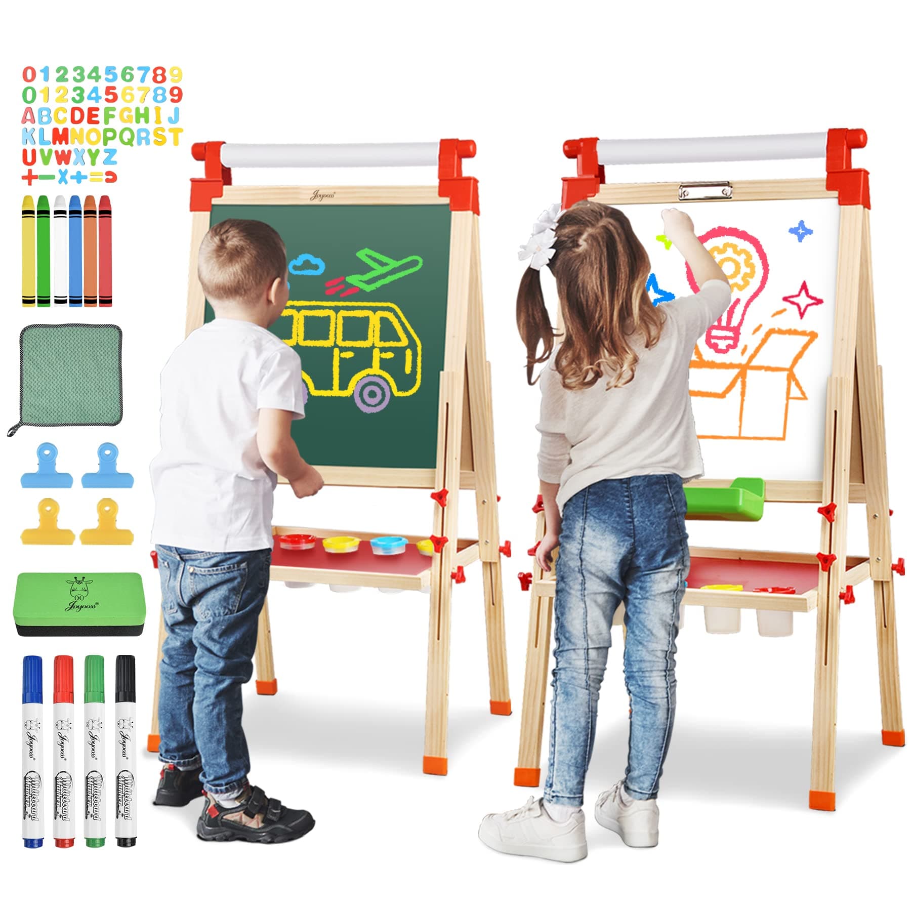 Kids Wooden Easel with Paper Roll - Adjustable Magnetic Double Sided Drawing Board Whiteboard & Chalkboard Dry Easel Board,Children Art Easel for 3~12 Years Kids Boys Girls Painting Drawing