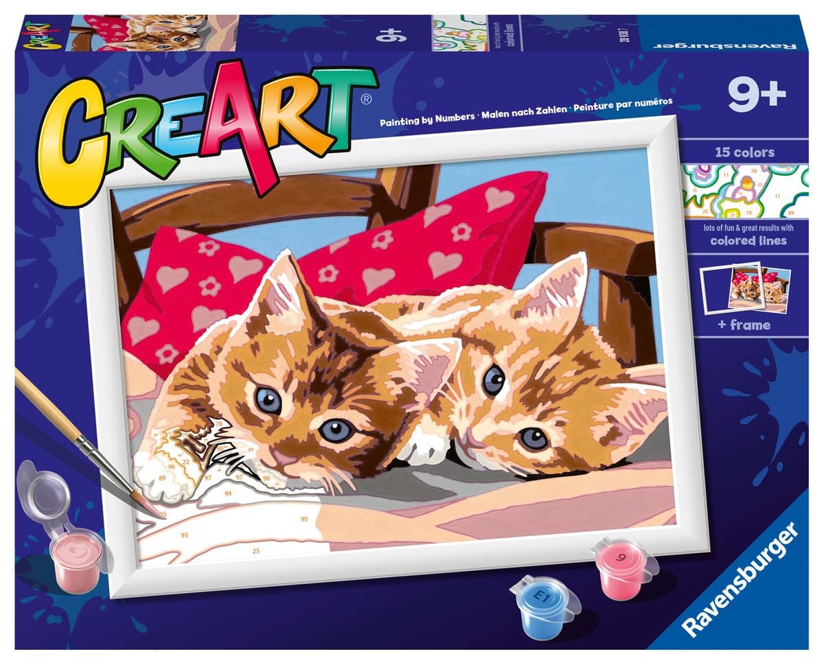 CreArt Two Cuddly Cats Paint by Numbers Kit for Kids - Painting Arts and Crafts for Ages 9 and Up