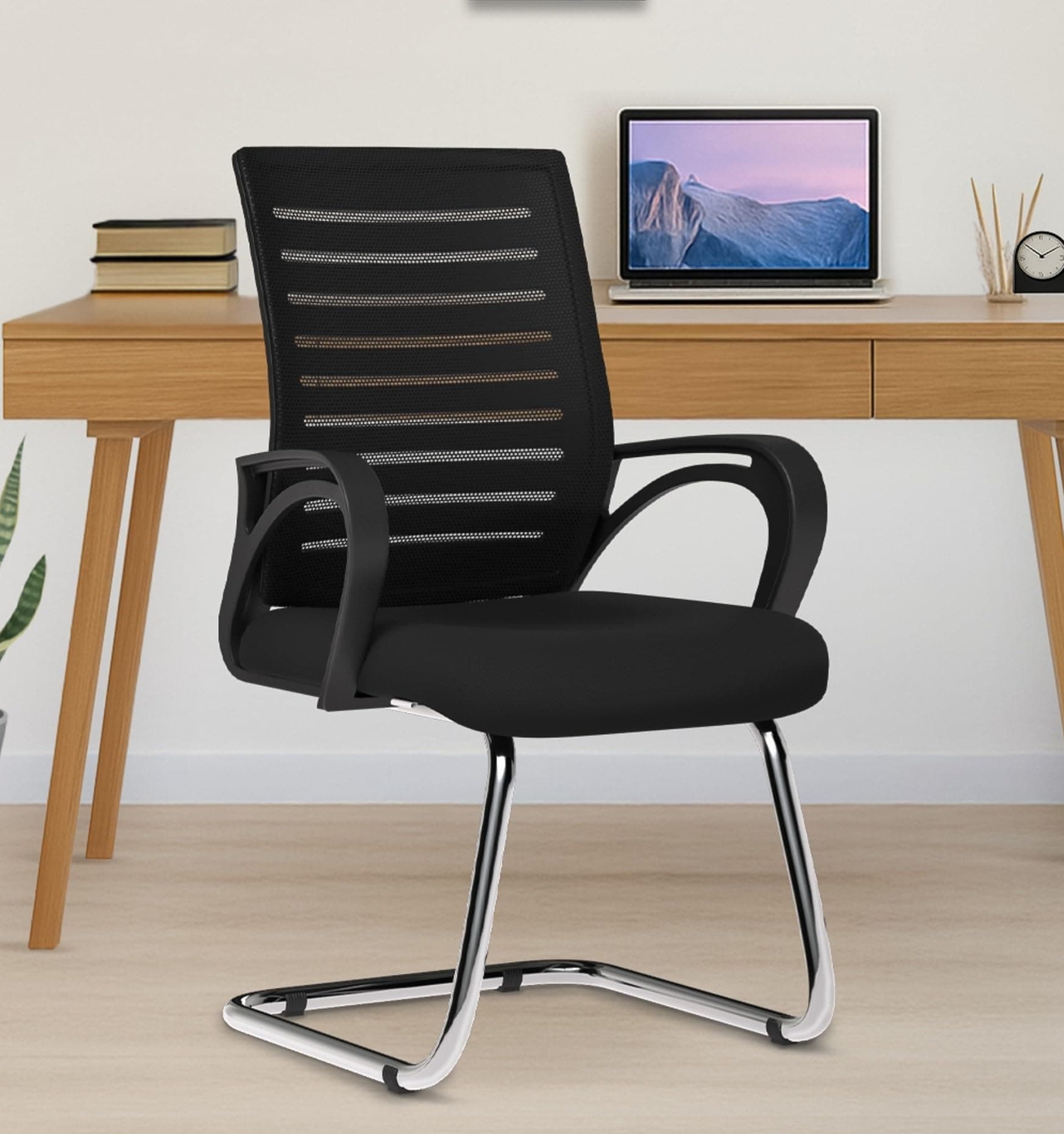 Tulip Mid Back Mesh Visitor Chair | Heavy Duty Metal Frame | Office Visitor/Study/Waiting Room Sitting Chair| Professional Look Ergonomic Chair (Black) (1 pc)