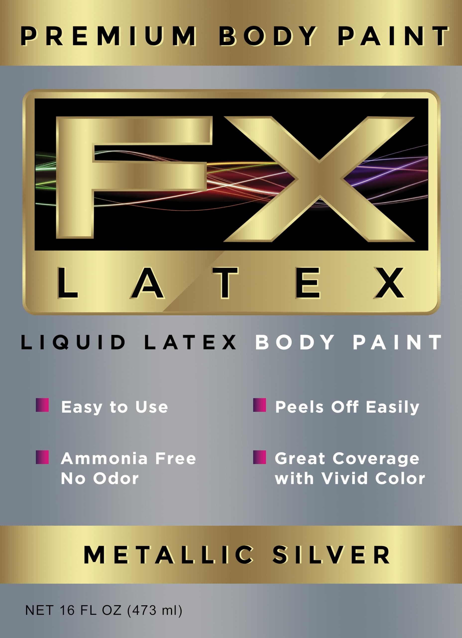 Liquid Latex - Face and Body Paint, Ammonia Free, Easy On and Off, Cosplay Makeup, Create Professional Monster, Zombie Arts 16 Oz (Metallic Silver)