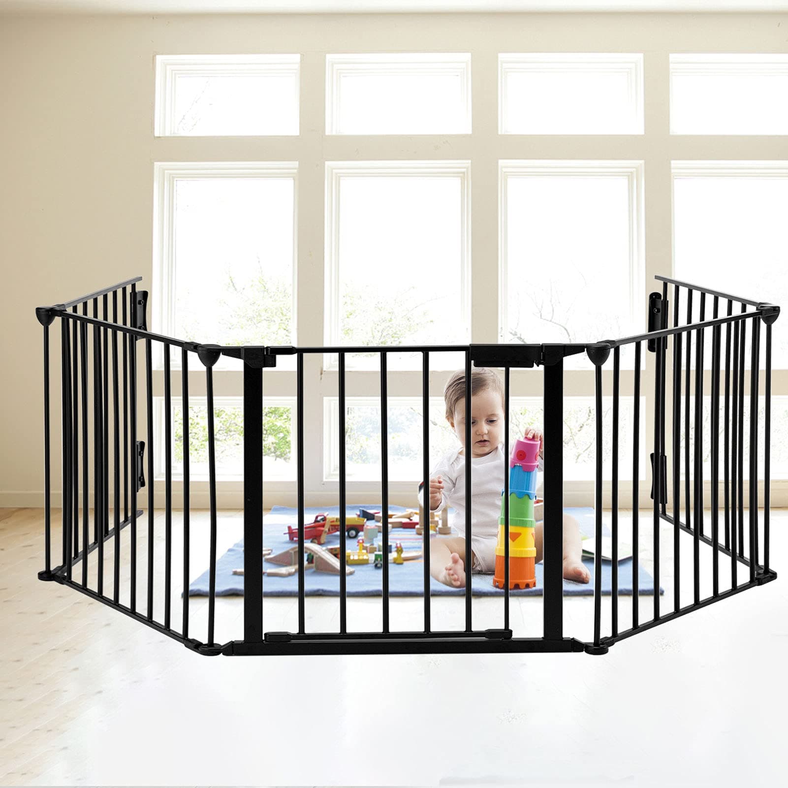 SOSPIRO 118inch Extra Wide Black Baby Gate with Door, Metal Long Baby Fence, Tall Pet Dog Gates for House Stairs Doorways,10ft Child Safety Fence Fireplace Christmas Tree,Indoor Outdoor, 5-Panel