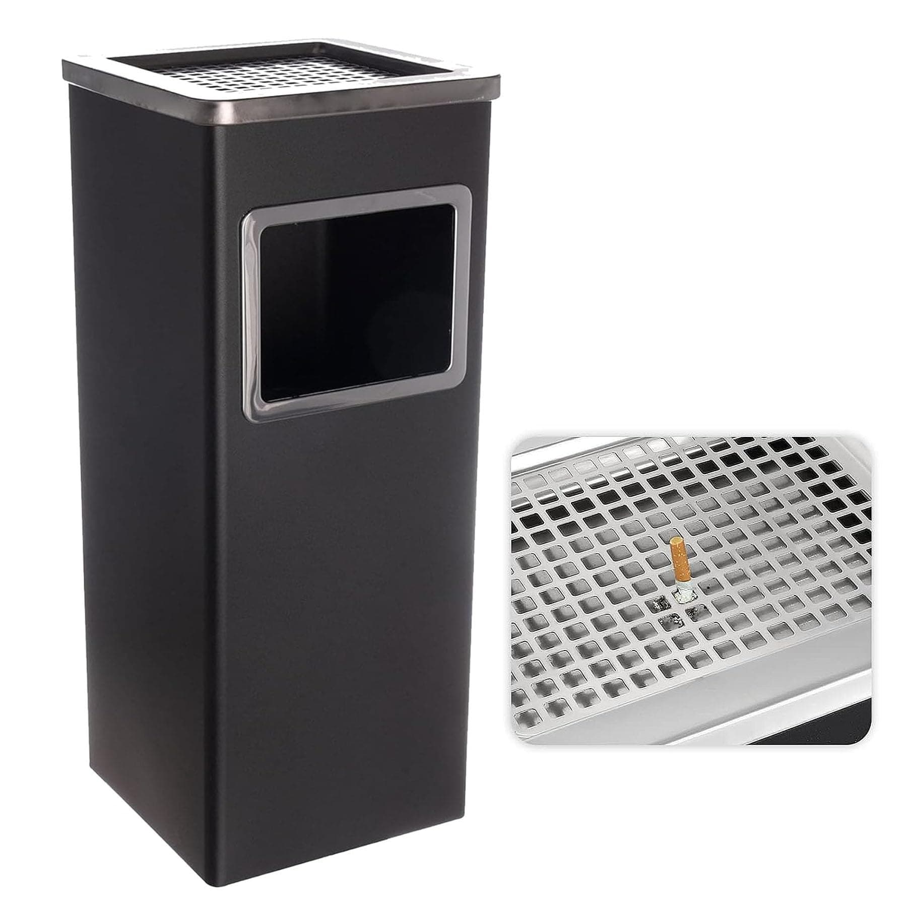 Premium Ashtray Bin Large Stainless Steel Outdoor Dustbin Removable Lid Free-Standing Garden, Office, Restaurant & Pub, Black Square