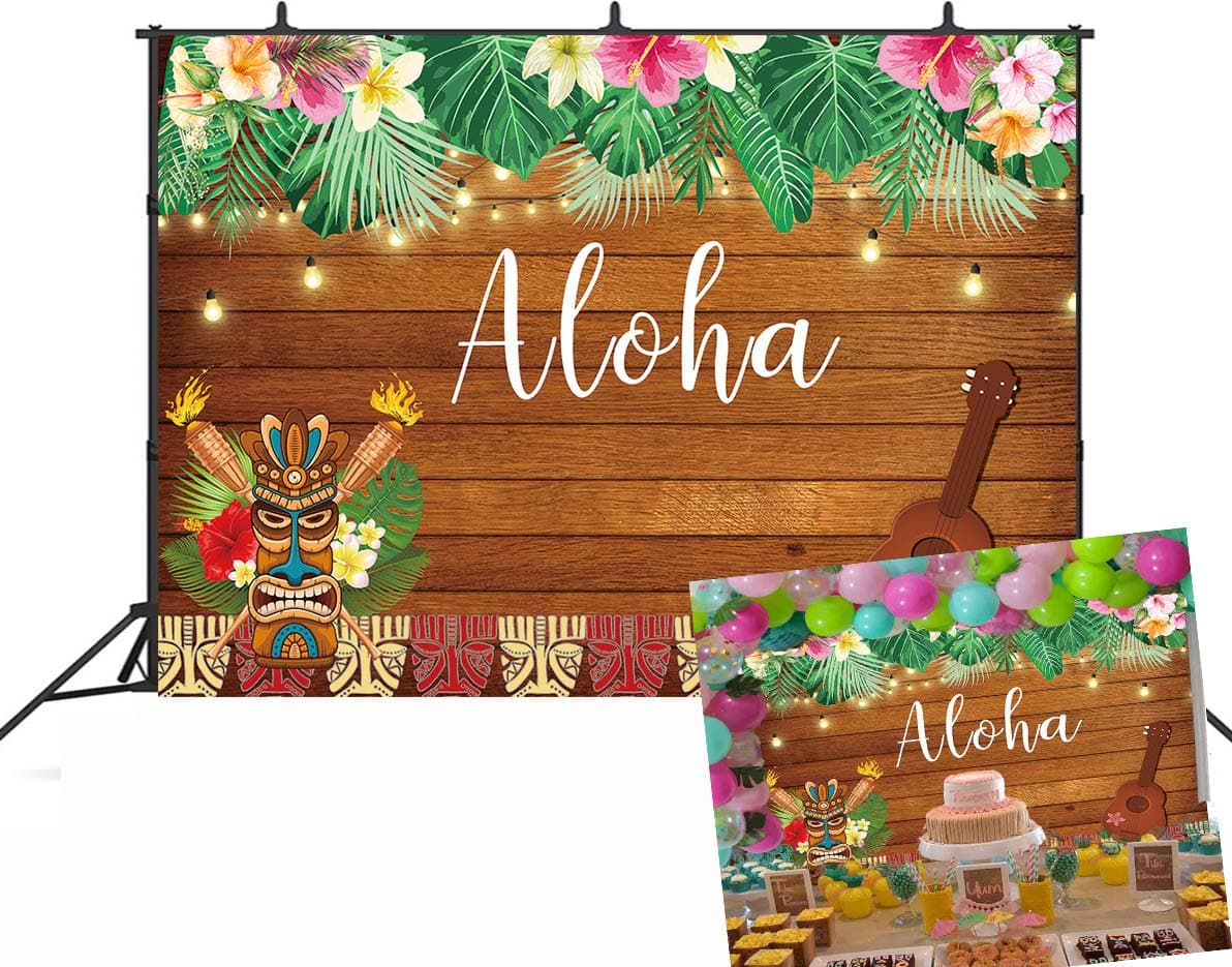 Botong 7x5ft Aloha Tropical Luau Party Backdrop Summer Sea Palm Tropical Hawaiian Flowers Wooden Photography Background Birthday Musical Party Banner Decoration Cake Table Photo Studio