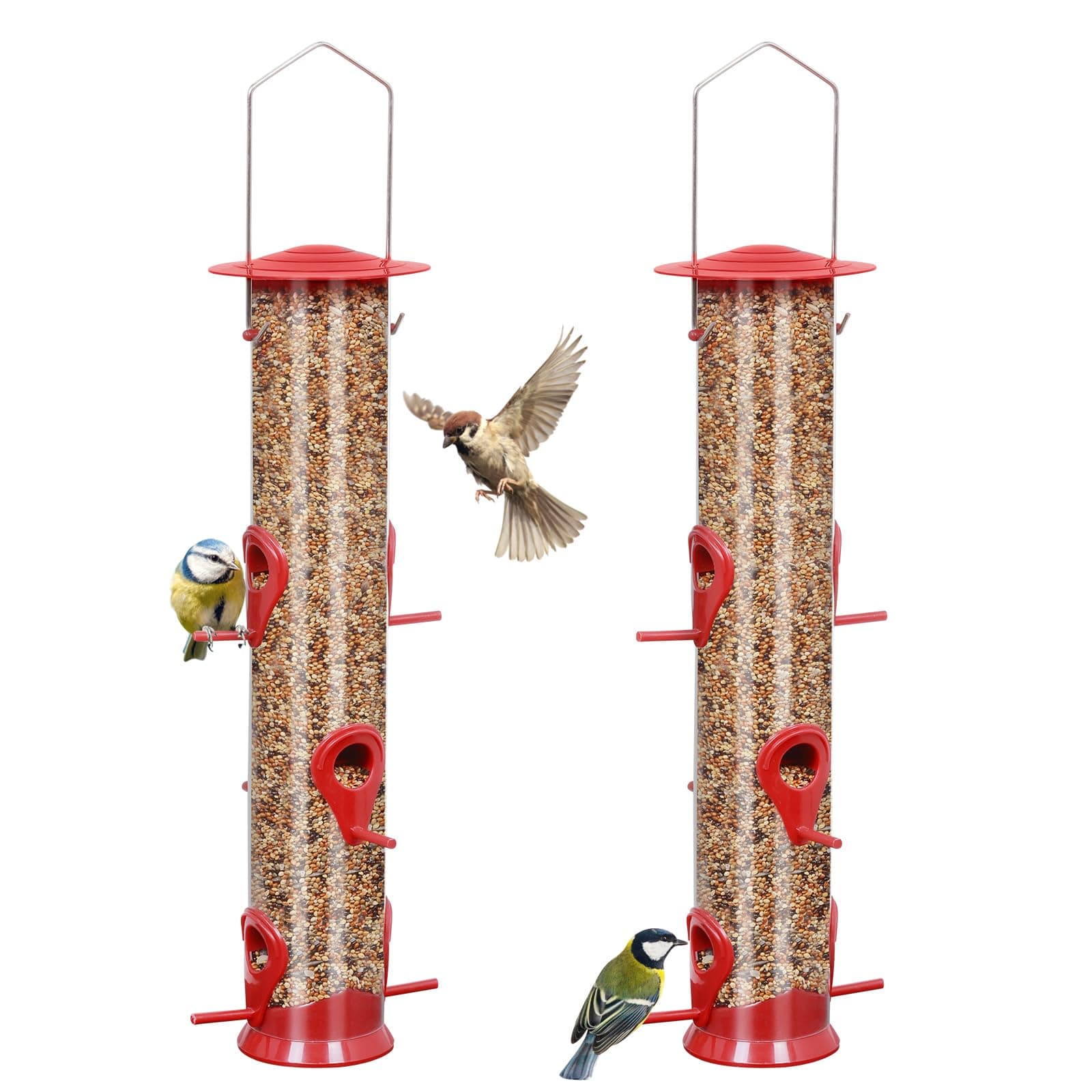 ERYTLLY 2 Pack Bird Feeders for Outdoors Hanging with 6 Feeding Ports Extra Thick Solid Tube Transparent Weatherproof Water Resistant Great for Attracting Birds Garden