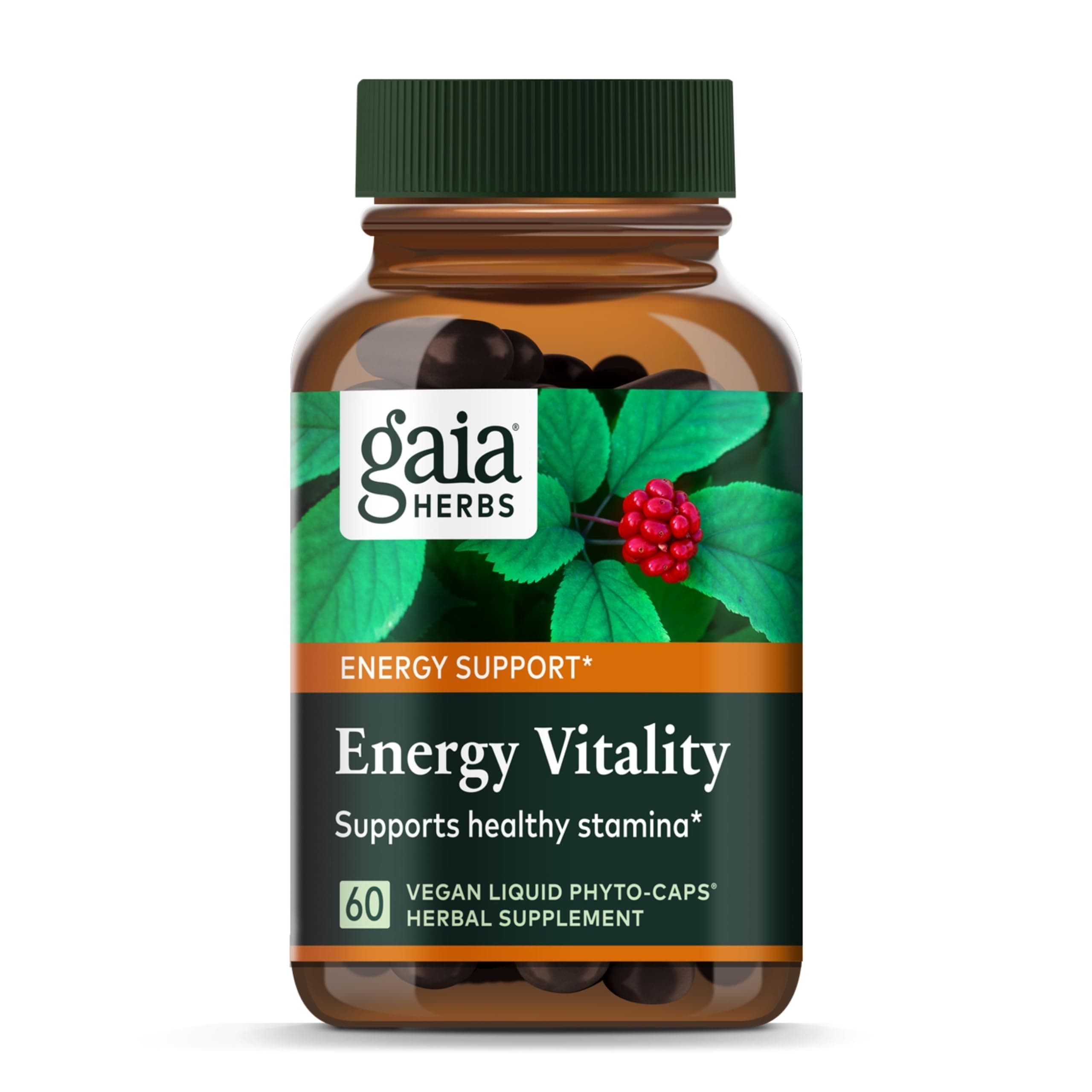 Gaia Herbs Energy Vitality - Energy Support Supplement to Maintain Healthy Energy and Stress Levels - with Ginkgo, Ginseng, Green Tea, and Nettle* - 60 Vegan Liquid Phyto-Capsules (20-Day Supply)