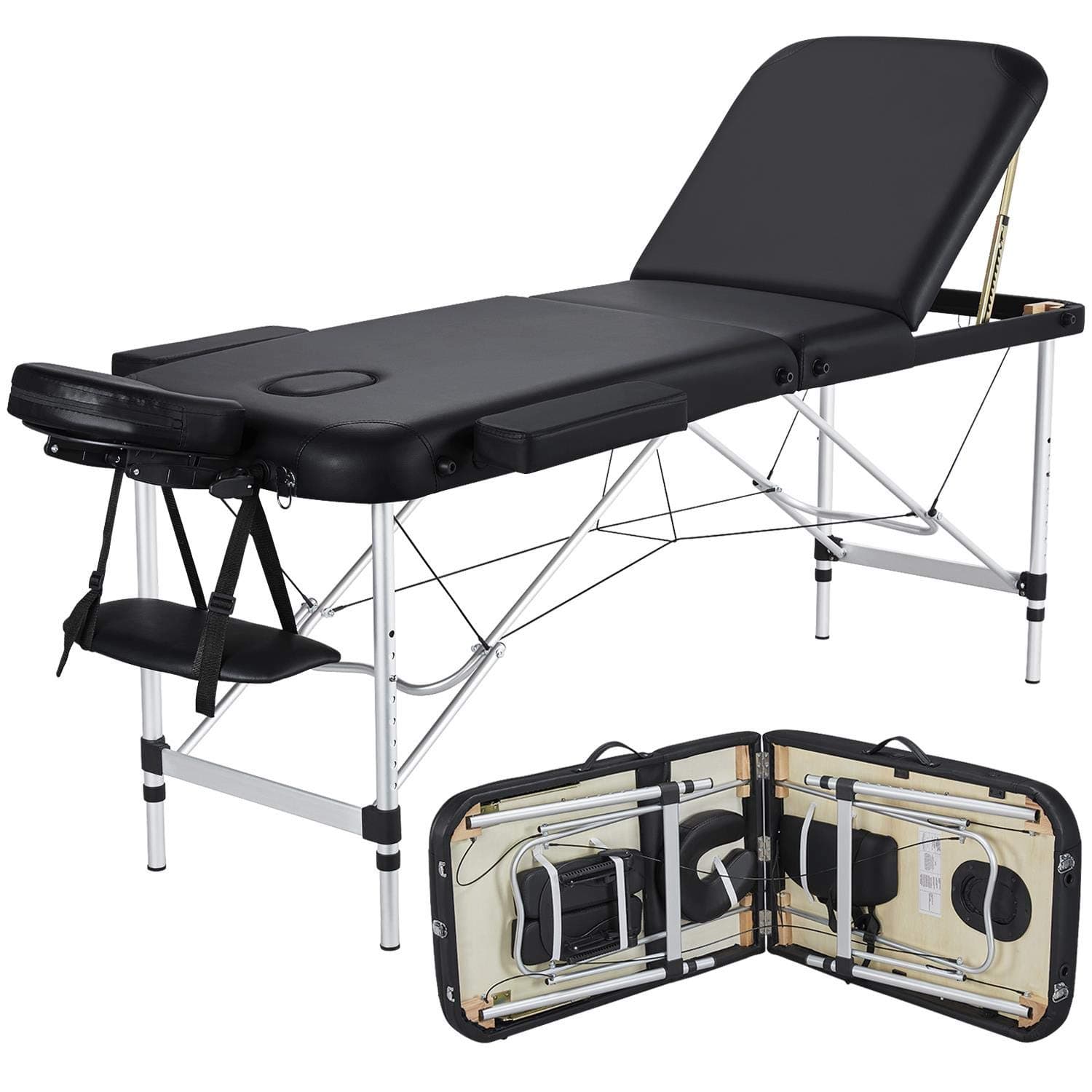 Yaheetech Foldable Massage Bed Portable Lash Table Beauty Bed Professional Salon Spa Table Aluminum 60 cm Width 3 Section Black