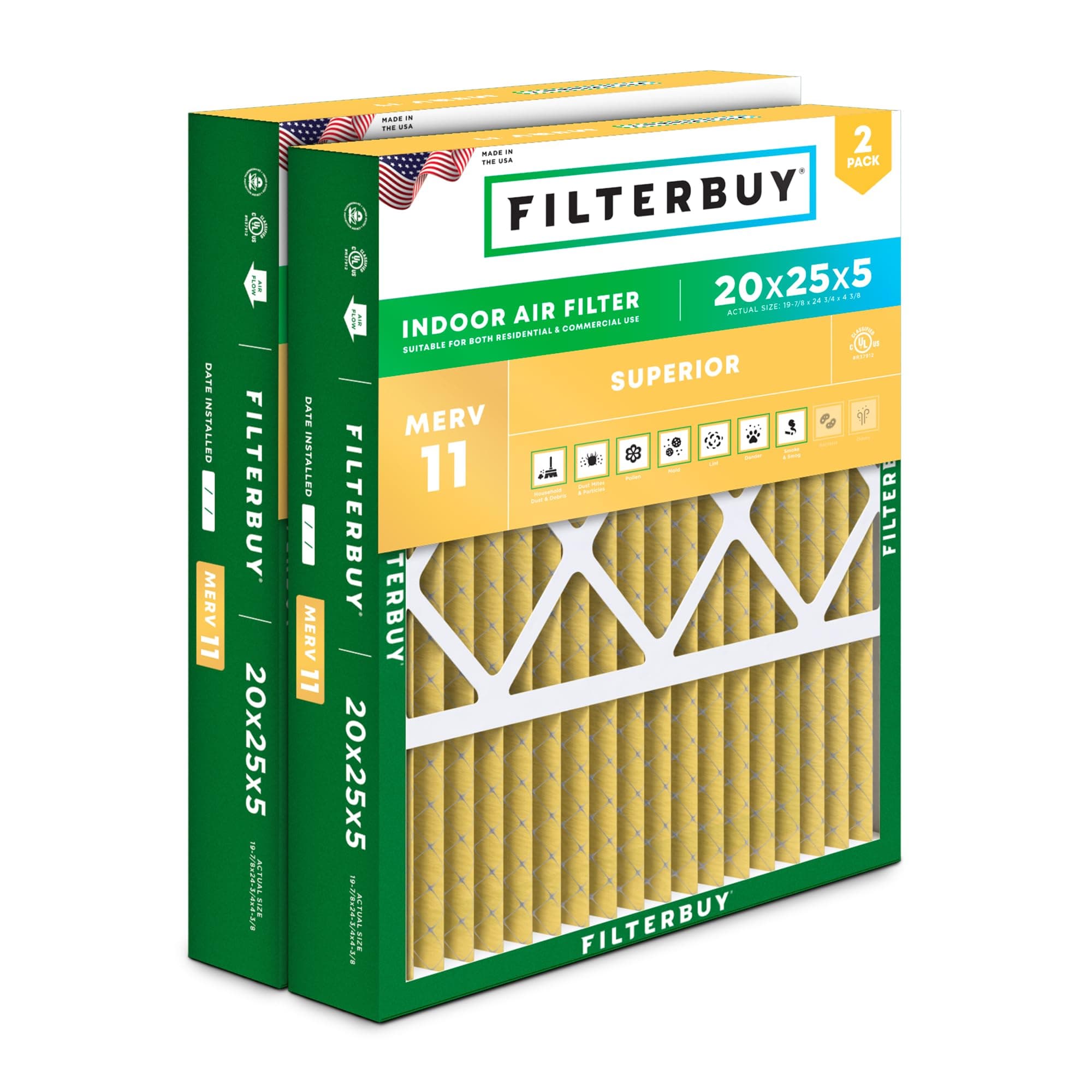 Filterbuy 20x25x5 Air Filter MERV 11 Allergen Defense (2-Pack), Pleated AC Furnace Air Filters for Honeywell, Lennox, Carrier, Bryant, Day & Night, and Payne (Actual Size: 19.88 x 24.75 x 4.38 Inches)
