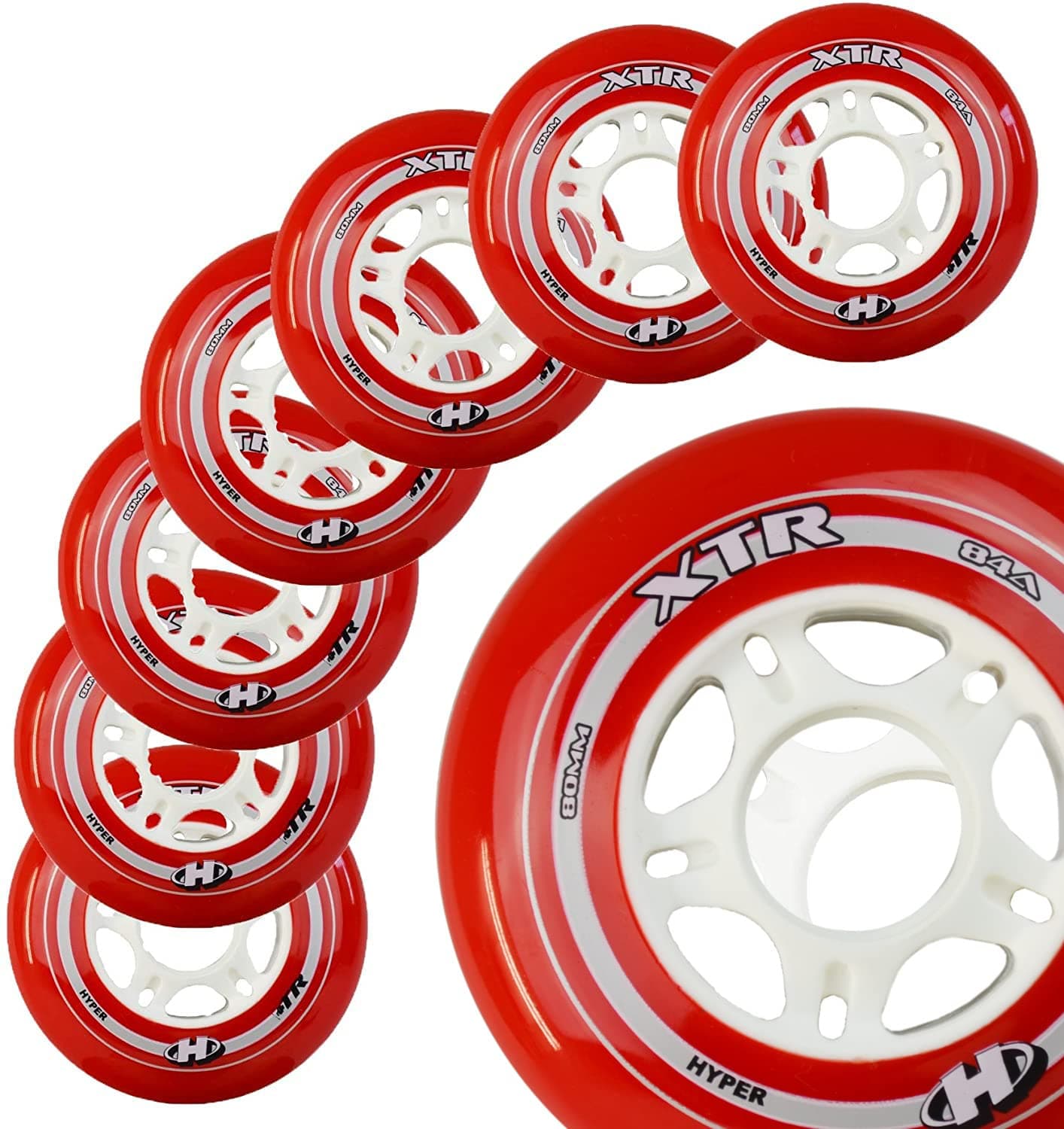Inline Skate Wheels Hyper XTR - 8 Wheels - 84A - Size 80MM - Speed Skating, Fitness and Recreational Wheels (RED, 80MM)