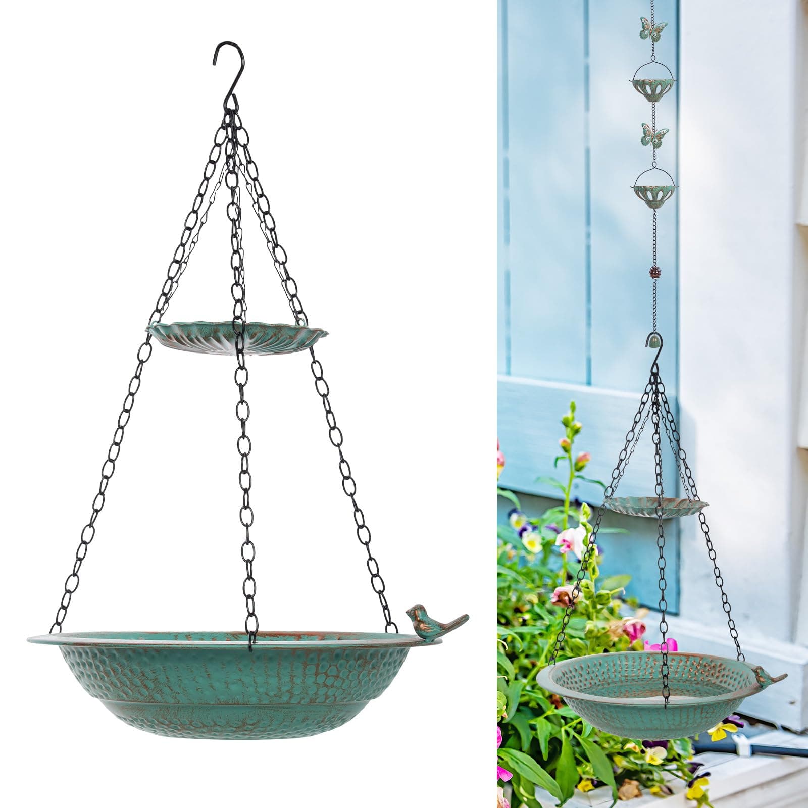 13 inch Rain Chain Basin, Metal Rain Chains Anchoring Bowl Dish, DIY Rain Chain Basin for Gutter Downspout, 2 Layer Hanging Birdbath for Outdoor Garden Patio Decor