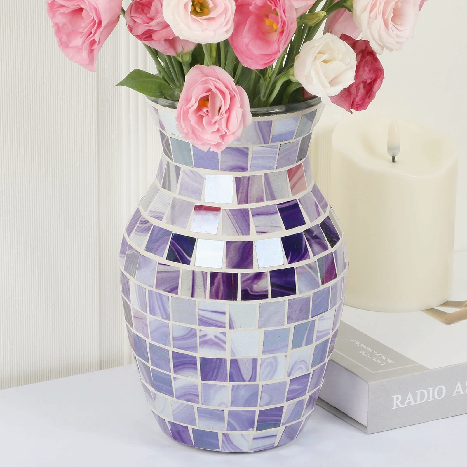COVEGE Purple Vase for Flower, Lavender Mosaic Glass Vases for Dried Flowers, Handmade Modern vases for Home Decor, Decorative Vase for Living Room, Kitchen, Wedding