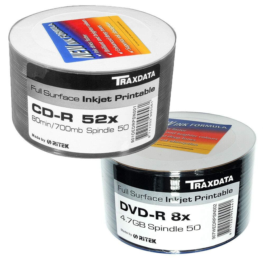 Combo 50 Traxdata Printable White CD-R 52x Discs 700MB 80mins and 50 Traxdata White Printable DVD-R 8x Ritek 4.7GB