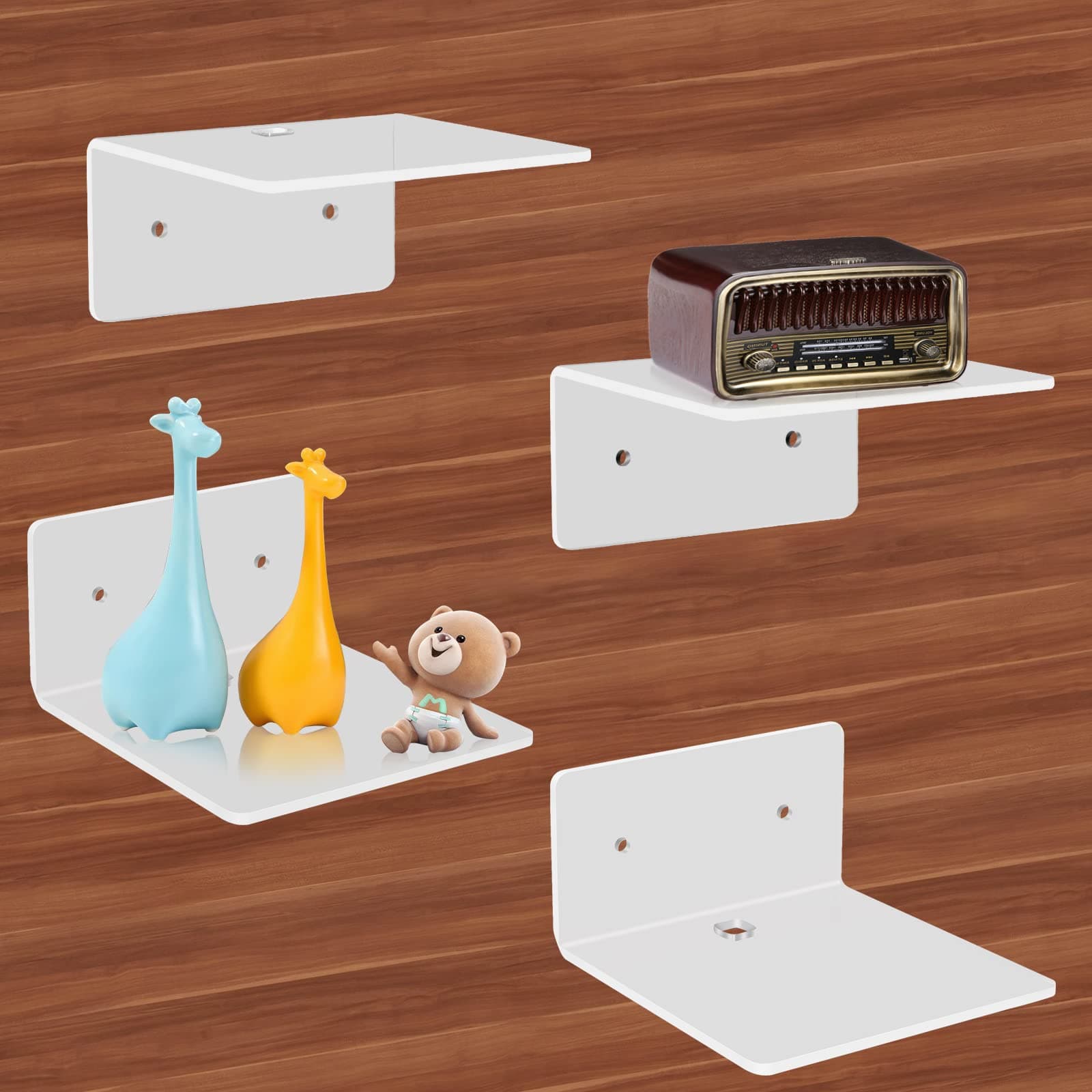 4 Pack Small Acrylic Floating Shelves, 4'' Acrylic Wall Shelves Display Ledges for Storage & Decoration, Mini Shelves for Wall with 2 Types of Installation (Adhesive or Screw)