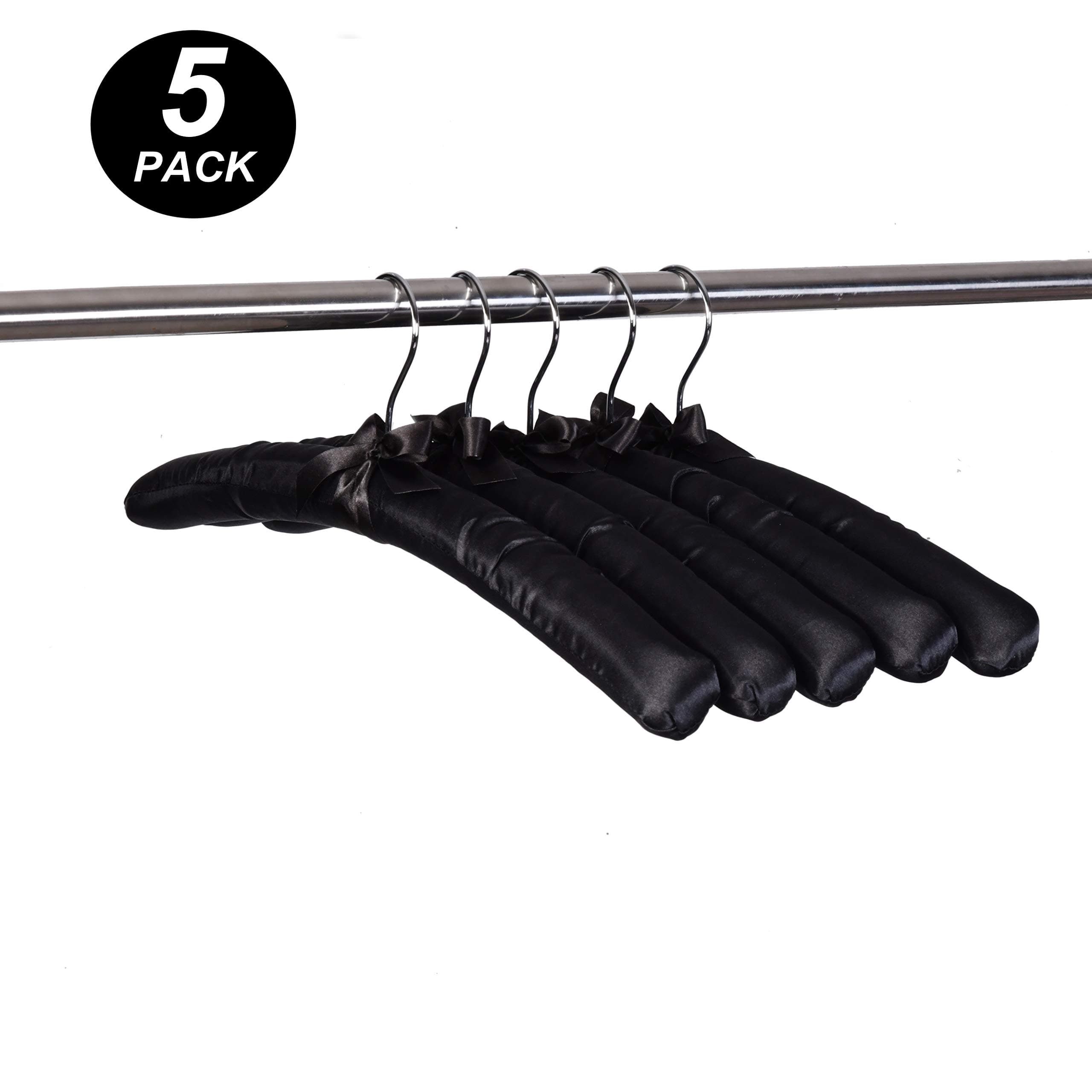 Amber Home5 Pack 17 Inch Large Black Satin Padded Hangers for Women Clothing, Anti Slip Cushioned for Sweaters, Silk Fancy Dress for Wedding, Delicate Cashmere (Black)