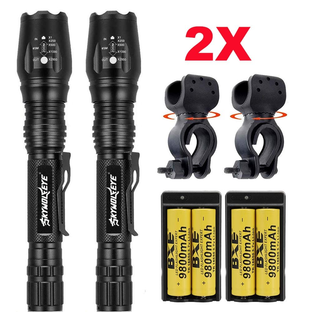 BXE2 Sets Rechargeable Flashlights Zoomable Adjustable Focus Torch Lamp +18650 9800mAh 3.7V Battery With Battery Charger&Bike Mount Holder