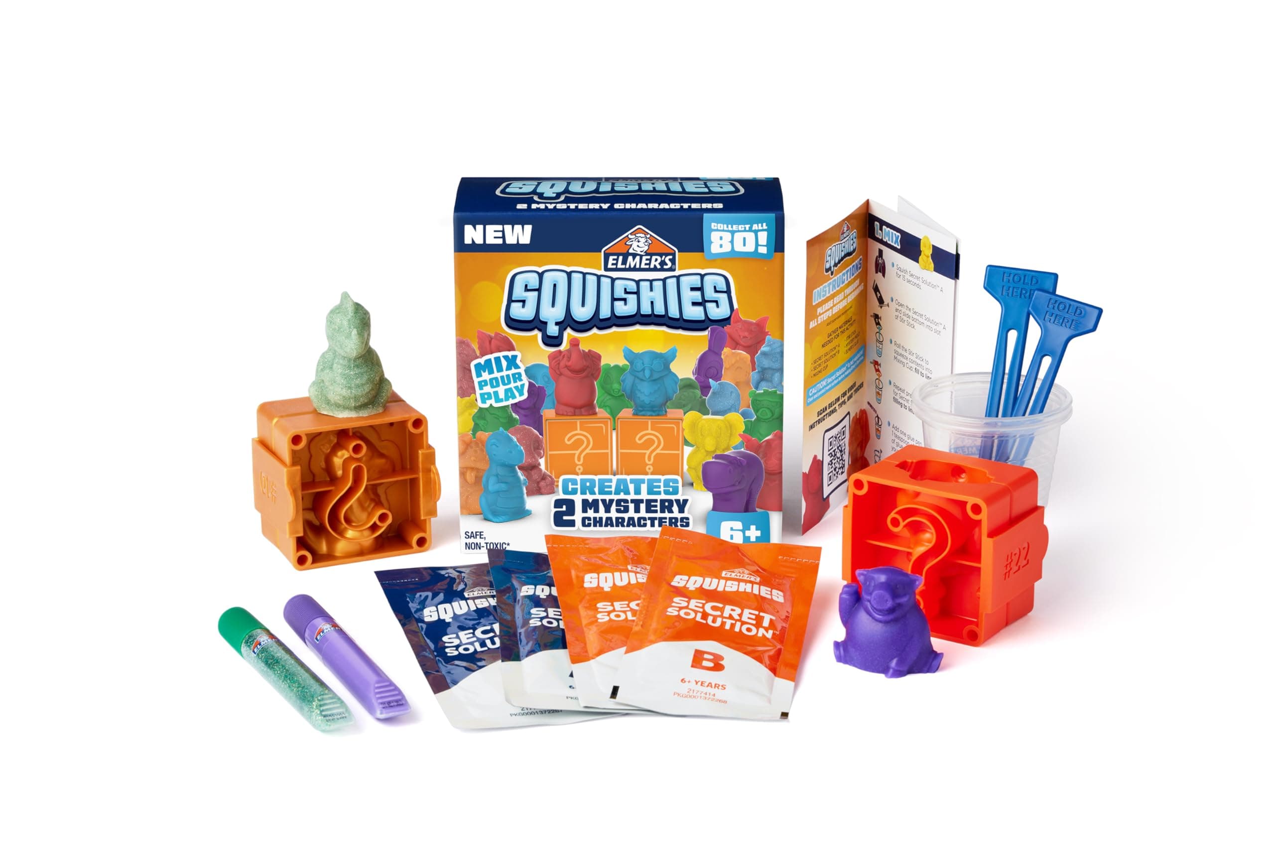 Elmer's Squishies Kids Activity Kit, DIY Squishy Toy Kit with 2 Mystery Characters, 12 Piece Kit