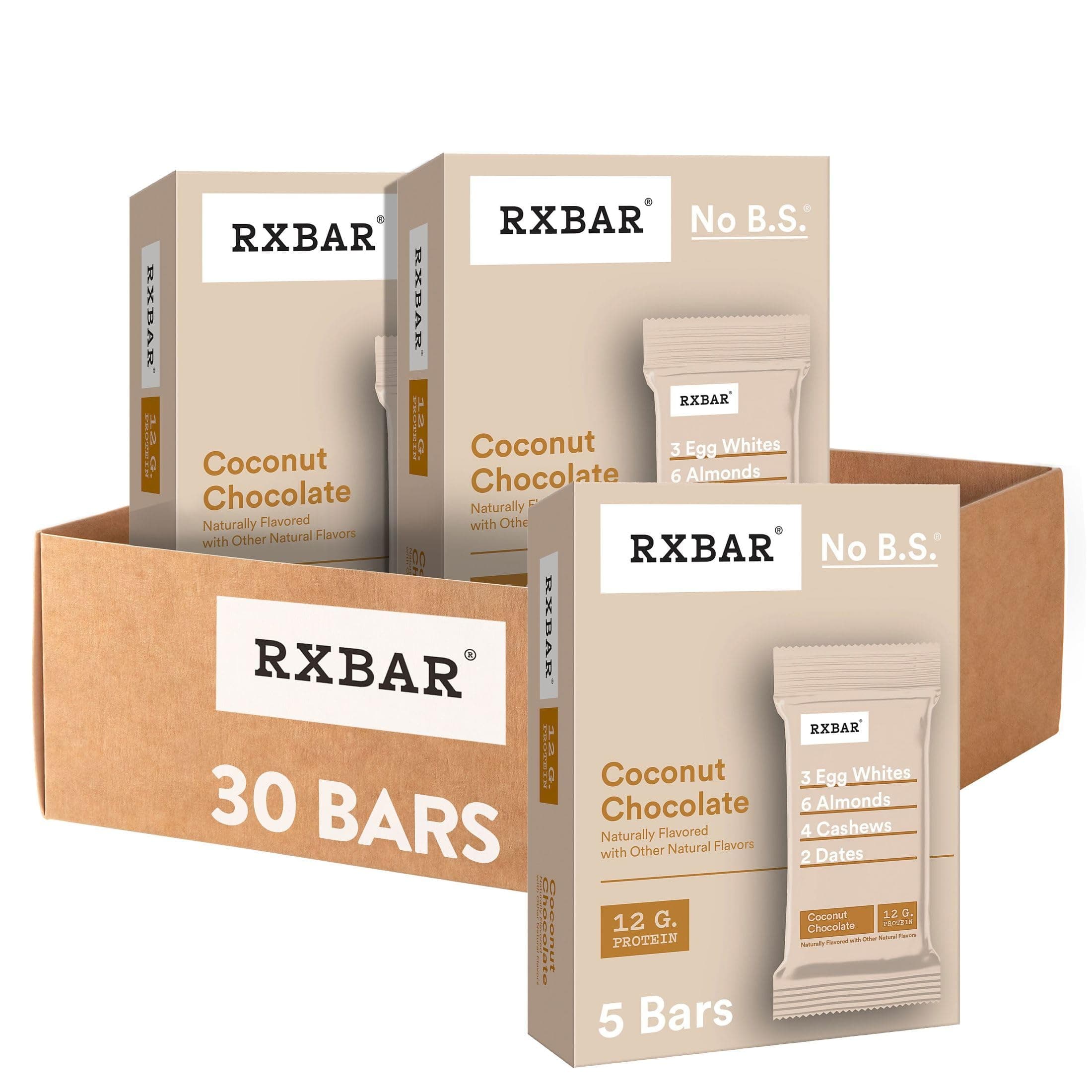 RXBAR Protein Bars, 12g Protein, Gluten Free Snacks, Coconut Chocolate (6 Boxes, 30 Bars)