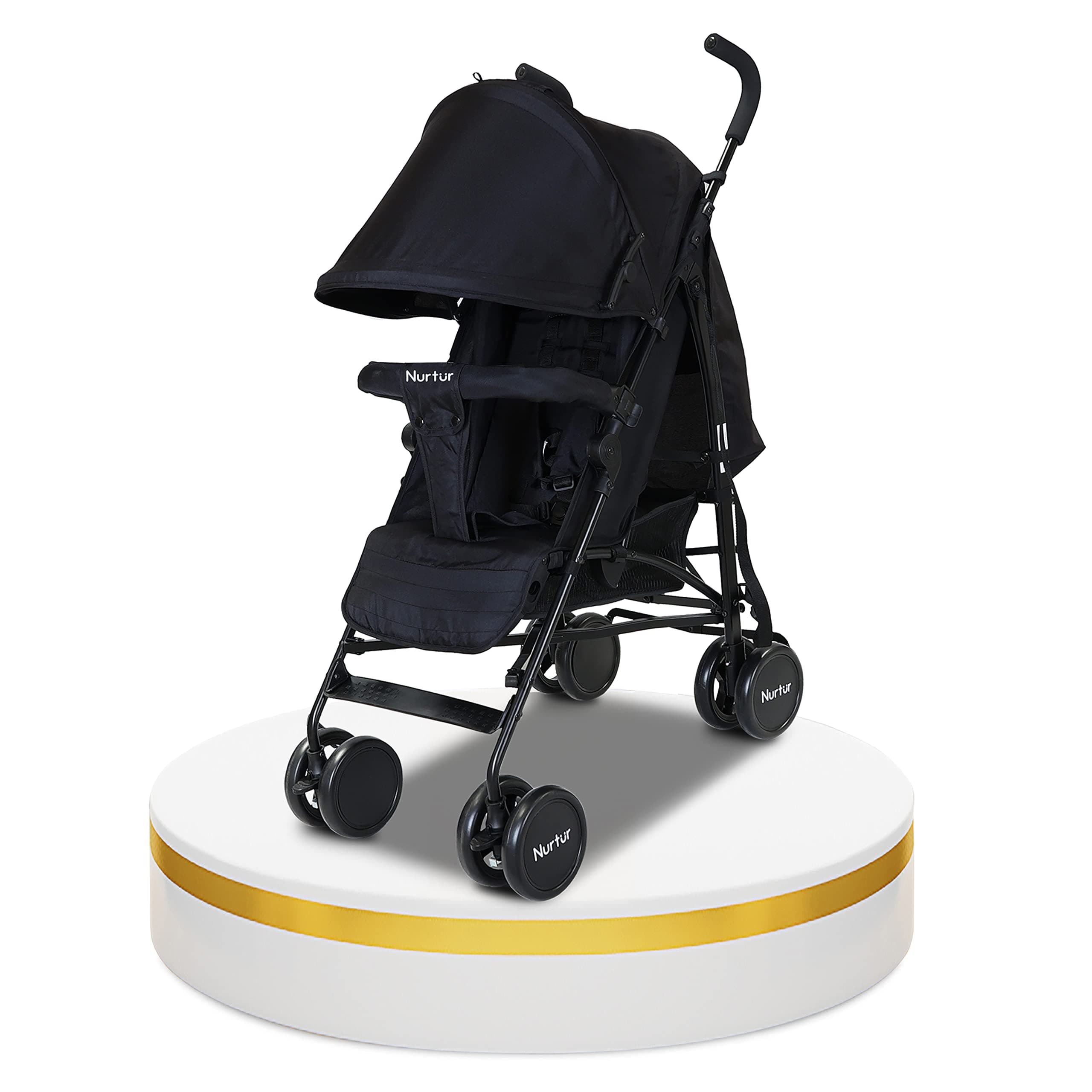 Nurtur Archer Baby/Kids Lightweight Travel Stroller 0 36 Months, Storage Basket, Detachable Bumper, 5 Point Safety Harness, Compact Design, Black