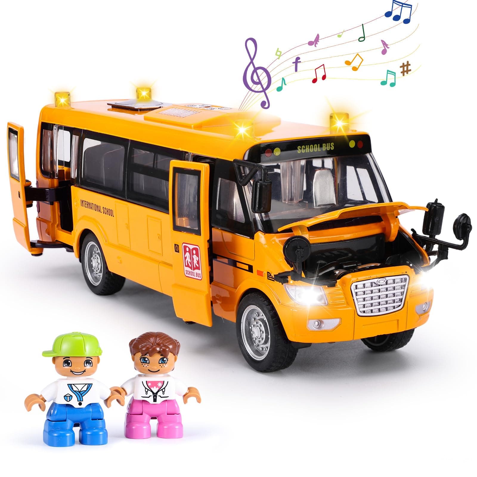 School Bus Toy, Die Cast Model Car with Flashing Lights & Sounds, Friction Powered, Back & Side Doors Open, Large Yellow Metal Toy Vehicles, Play Bus Easter Gift for Kids Toddlers Ages 3+