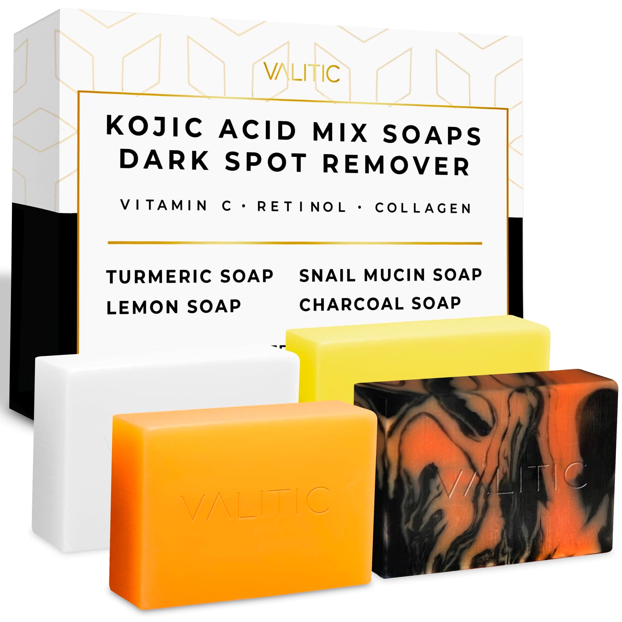 Kojic Acid Soap Bars - Turmeric, Snail Mucin, Charcoal and Lemon - 4 Assorted Dark Spot Remover Soaps with Hyaluronic Acid, Vitamin C, Vitamin E and Shea Butter