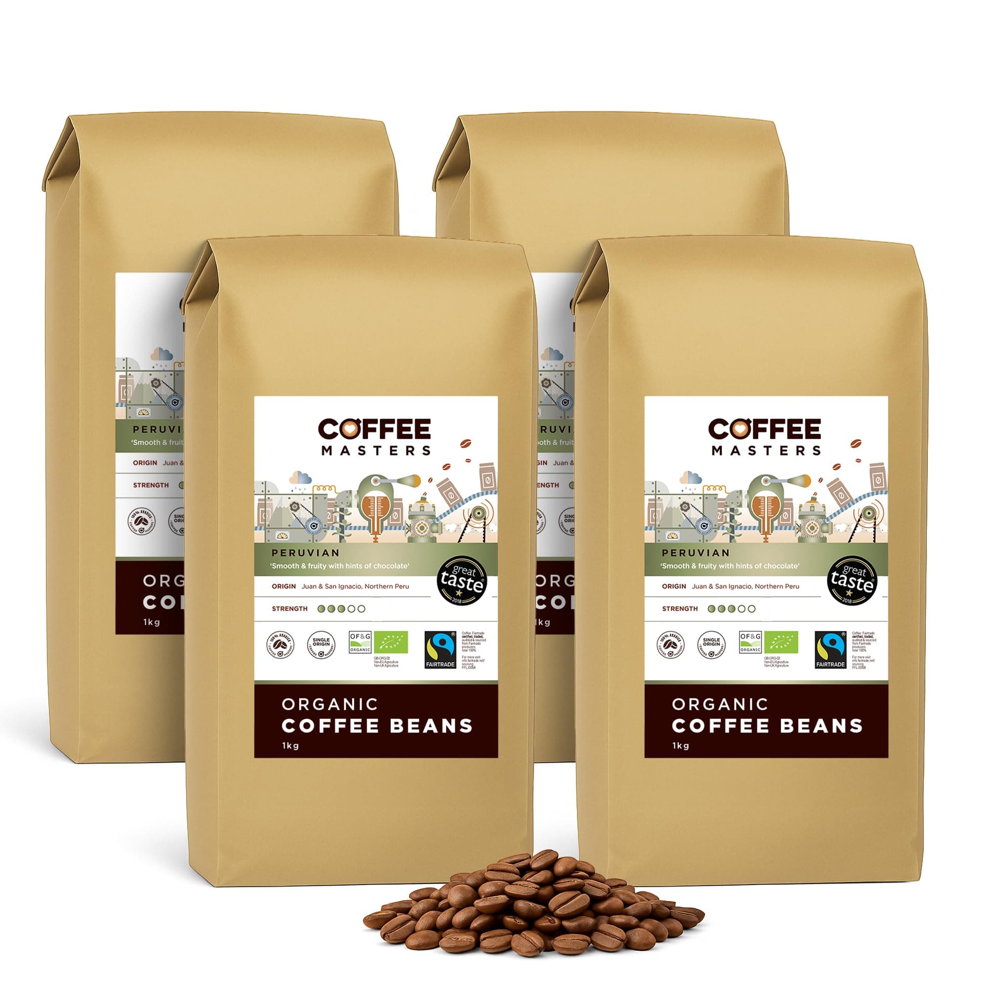 Peruvian Coffee Beans 4x1kg - Organic Fairtrade Single Origin Arabica, Roasted in the UK - Ideal for Espresso Machines - Great Taste Award Winner